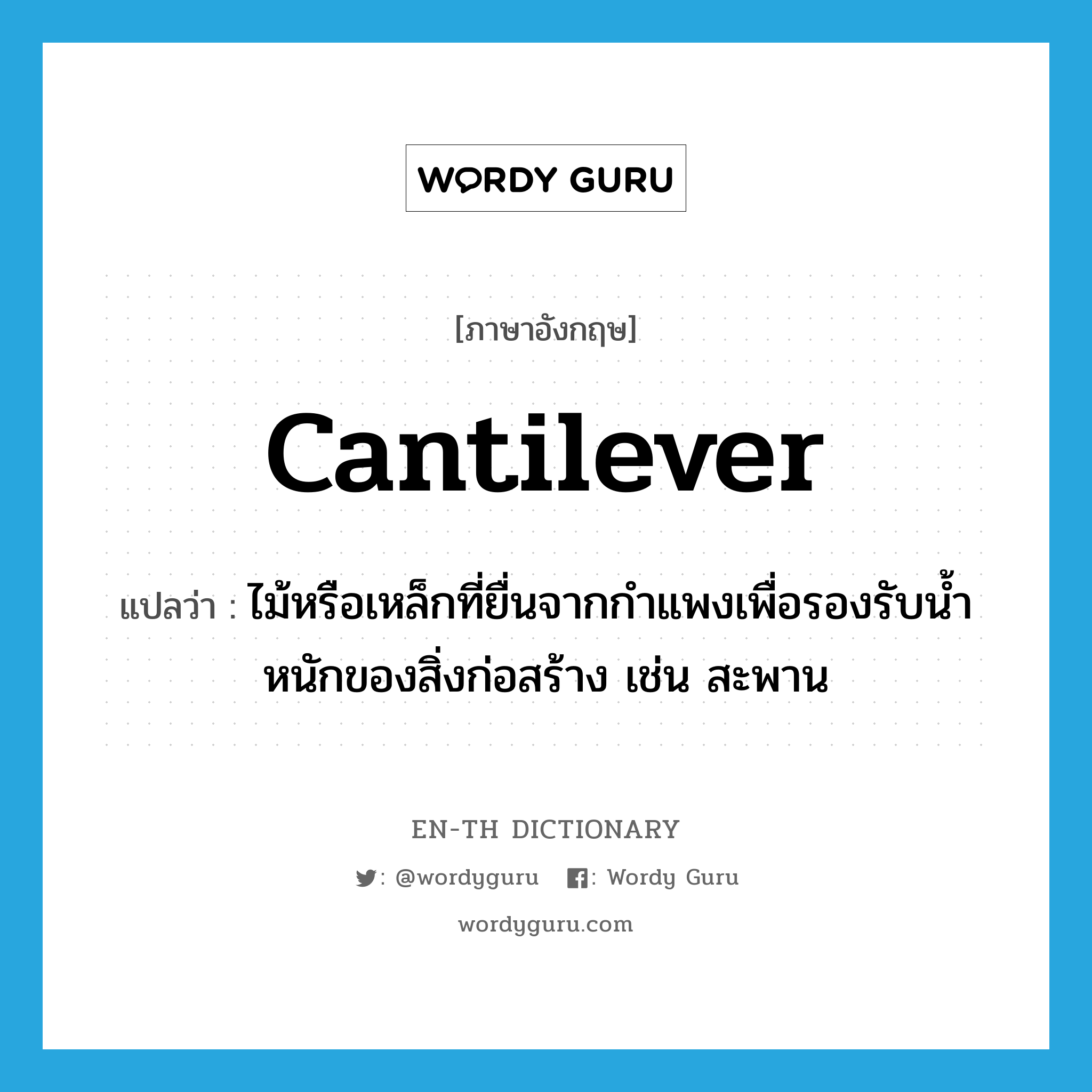 cantilever แปลว่า?, คำศัพท์ภาษาอังกฤษ cantilever แปลว่า ไม้หรือเหล็กที่ยื่นจากกำแพงเพื่อรองรับน้ำหนักของสิ่งก่อสร้าง เช่น สะพาน ประเภท N หมวด N