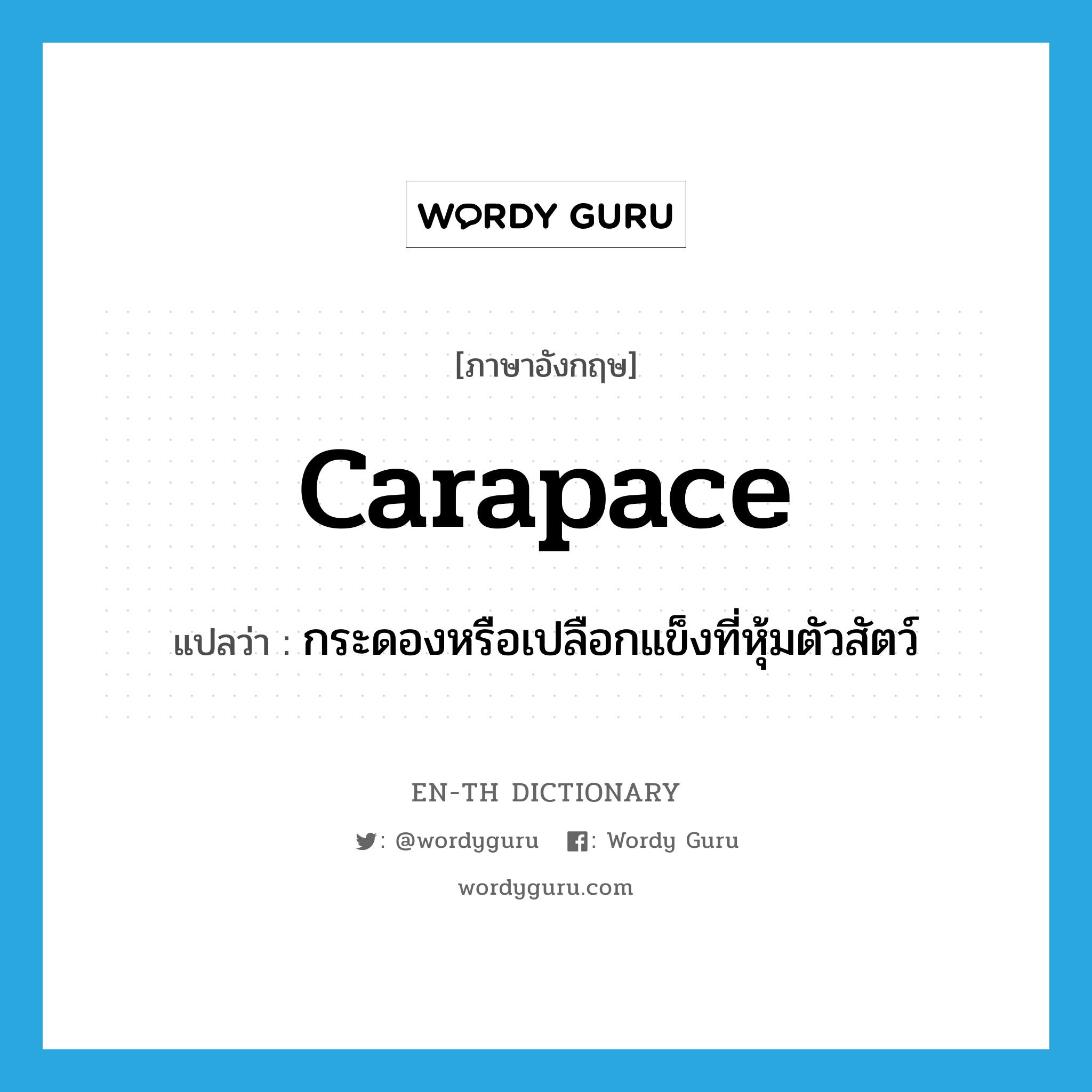 carapace แปลว่า?, คำศัพท์ภาษาอังกฤษ carapace แปลว่า กระดองหรือเปลือกแข็งที่หุ้มตัวสัตว์ ประเภท N หมวด N