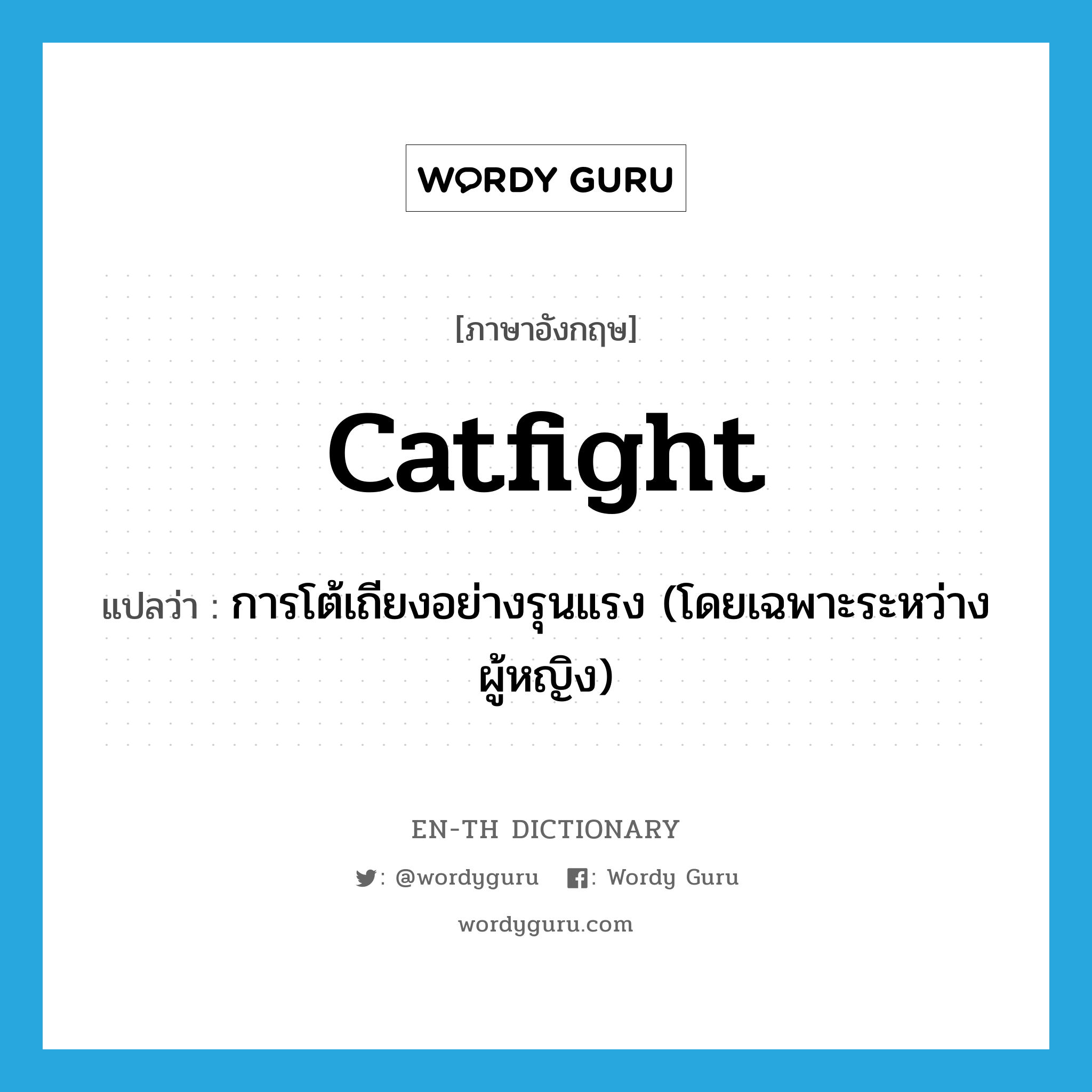 catfight แปลว่า?, คำศัพท์ภาษาอังกฤษ catfight แปลว่า การโต้เถียงอย่างรุนแรง (โดยเฉพาะระหว่างผู้หญิง) ประเภท N หมวด N