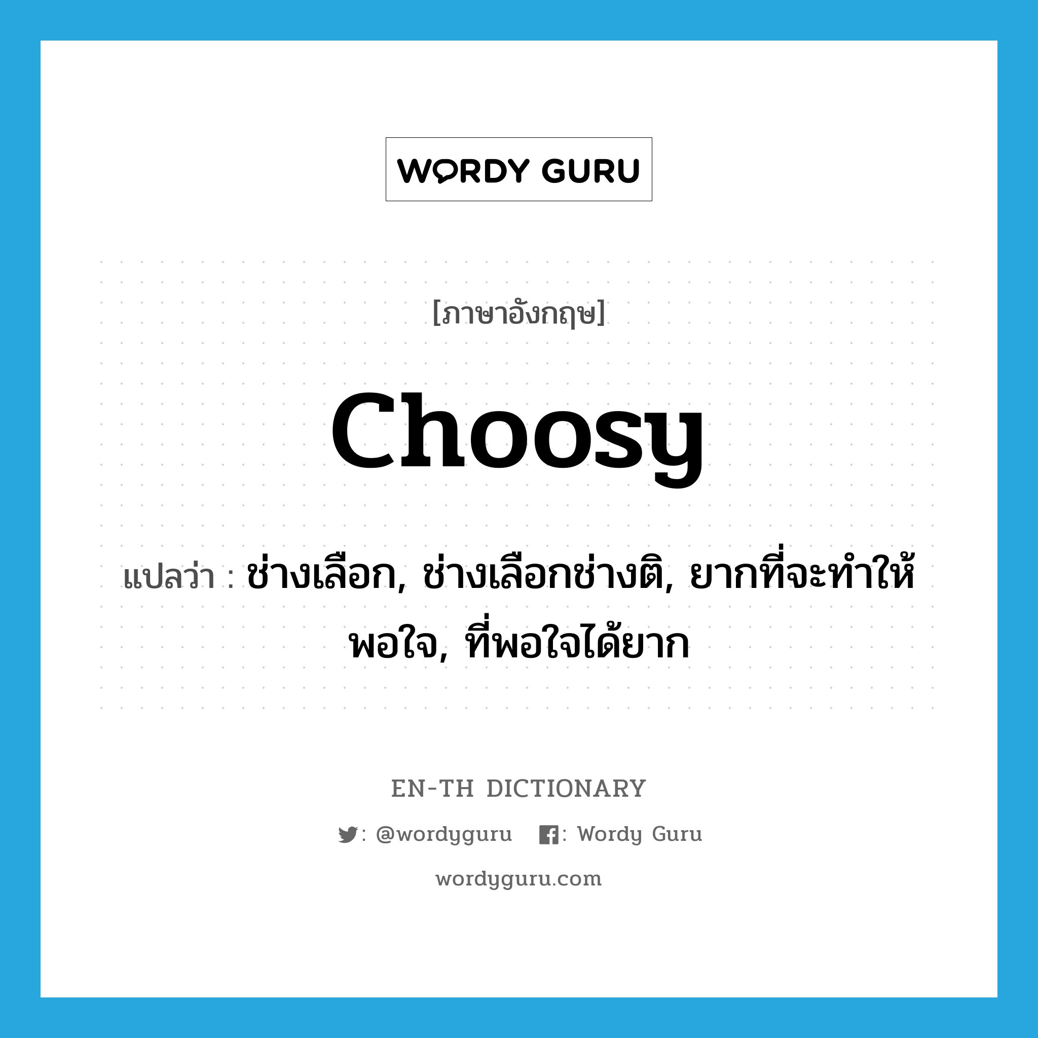 choosy แปลว่า?, คำศัพท์ภาษาอังกฤษ choosy แปลว่า ช่างเลือก, ช่างเลือกช่างติ, ยากที่จะทำให้พอใจ, ที่พอใจได้ยาก ประเภท ADJ หมวด ADJ