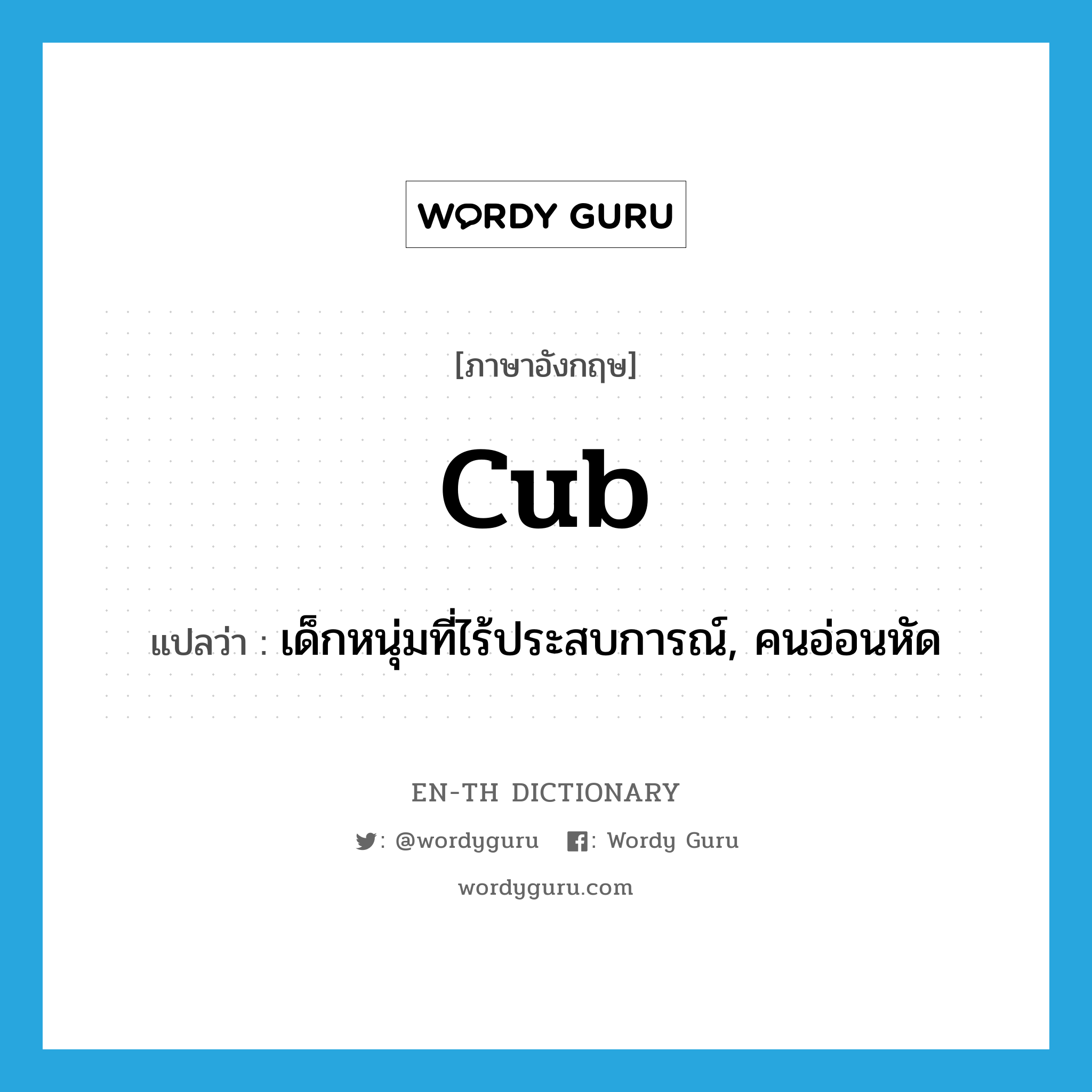 cub แปลว่า?, คำศัพท์ภาษาอังกฤษ cub แปลว่า เด็กหนุ่มที่ไร้ประสบการณ์, คนอ่อนหัด ประเภท N หมวด N