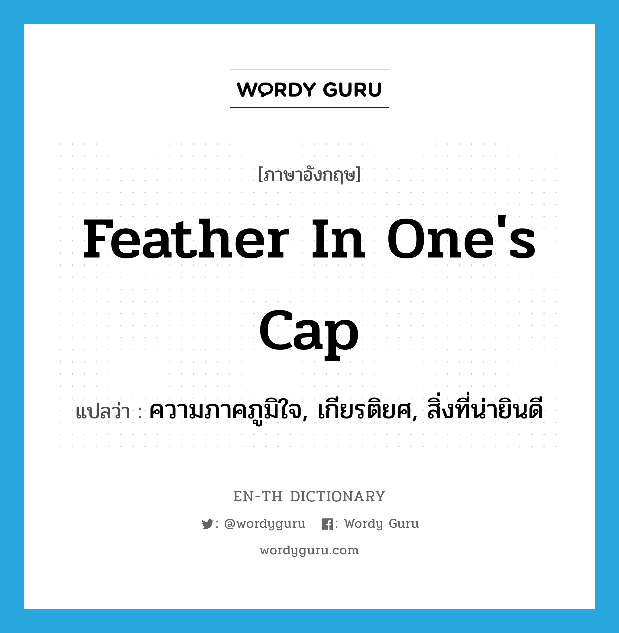 feather in one&#39;s cap แปลว่า?, คำศัพท์ภาษาอังกฤษ feather in one&#39;s cap แปลว่า ความภาคภูมิใจ, เกียรติยศ, สิ่งที่น่ายินดี ประเภท IDM หมวด IDM