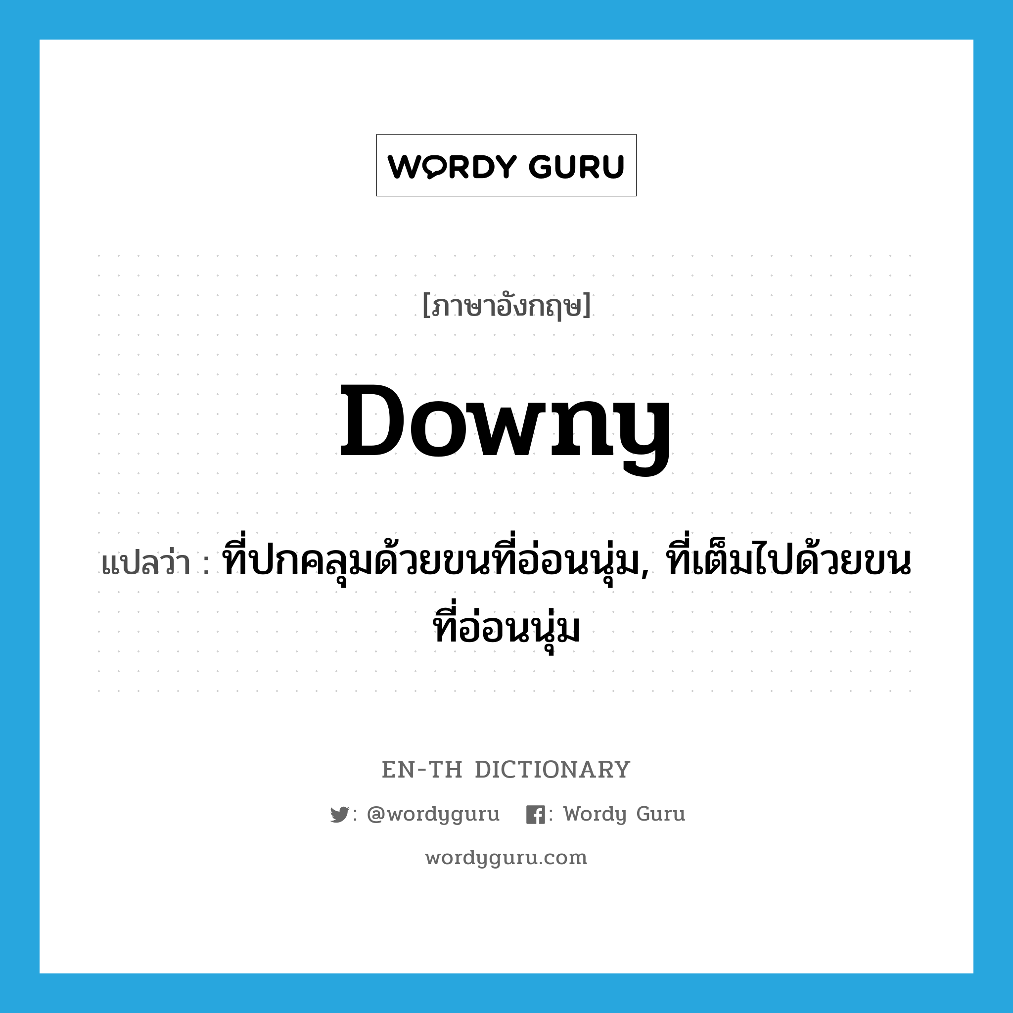 downy แปลว่า?, คำศัพท์ภาษาอังกฤษ downy แปลว่า ที่ปกคลุมด้วยขนที่อ่อนนุ่ม, ที่เต็มไปด้วยขนที่อ่อนนุ่ม ประเภท ADJ หมวด ADJ