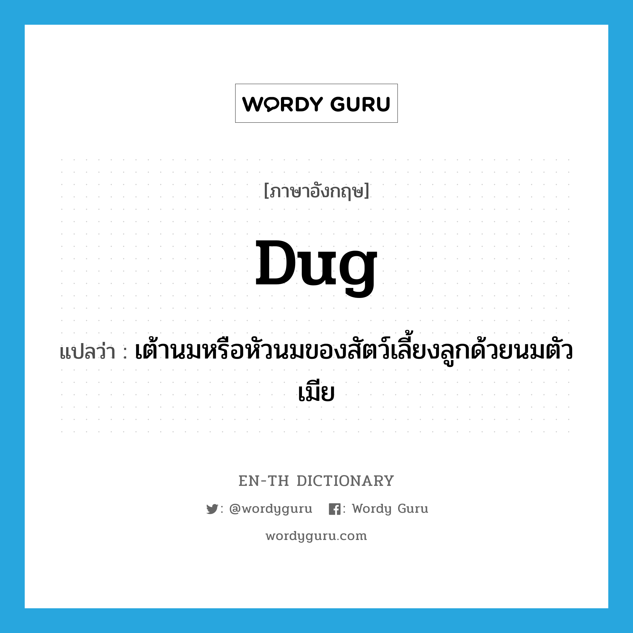 dug แปลว่า?, คำศัพท์ภาษาอังกฤษ dug แปลว่า เต้านมหรือหัวนมของสัตว์เลี้ยงลูกด้วยนมตัวเมีย ประเภท N หมวด N