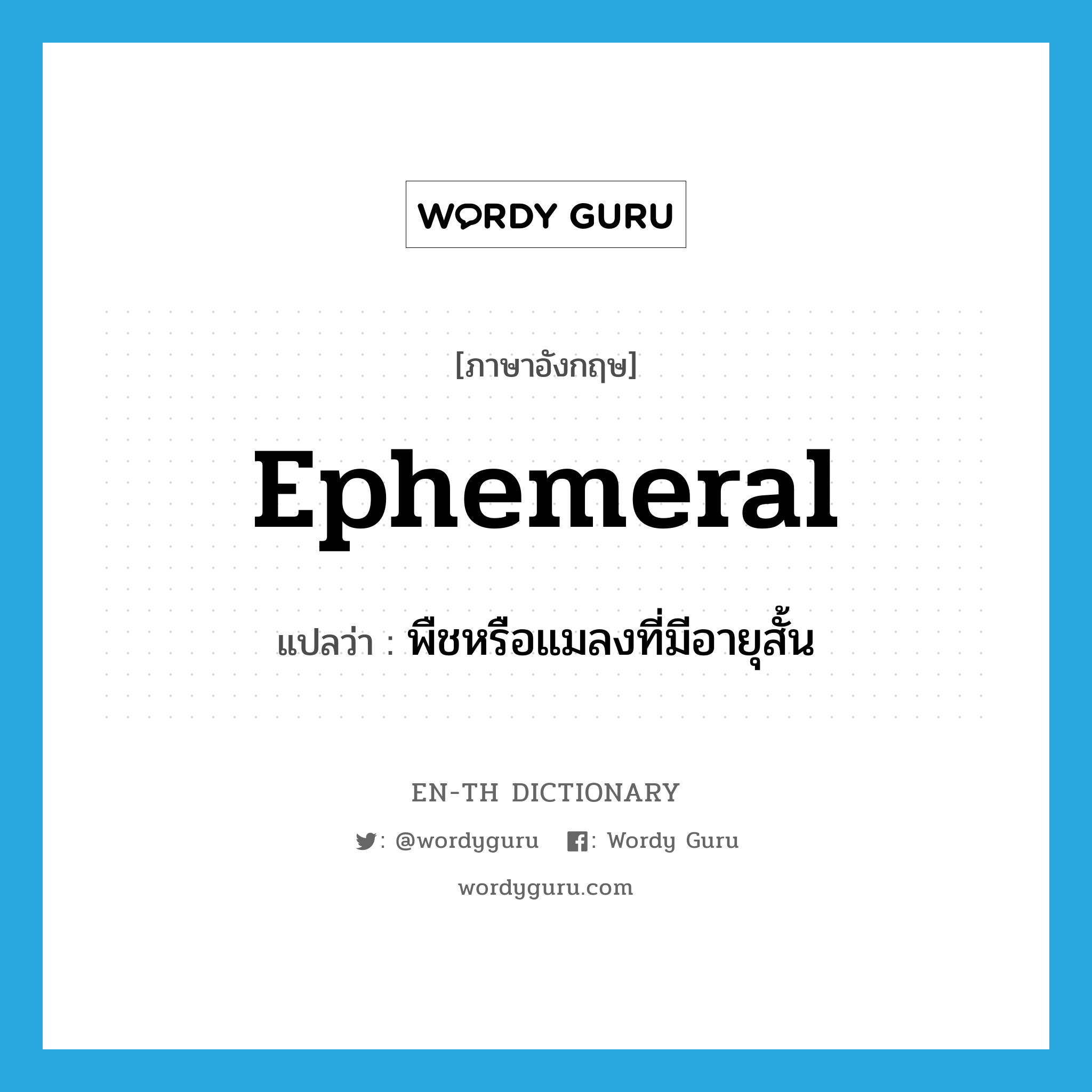 ephemeral แปลว่า?, คำศัพท์ภาษาอังกฤษ ephemeral แปลว่า พืชหรือแมลงที่มีอายุสั้น ประเภท N หมวด N