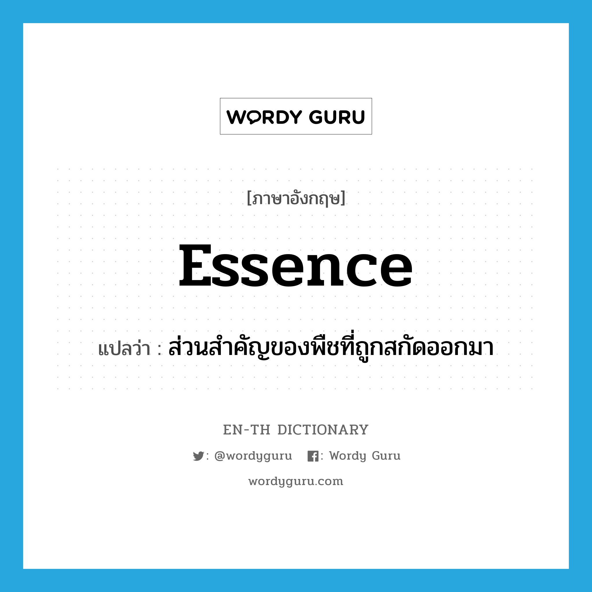 essence แปลว่า?, คำศัพท์ภาษาอังกฤษ essence แปลว่า ส่วนสำคัญของพืชที่ถูกสกัดออกมา ประเภท N หมวด N