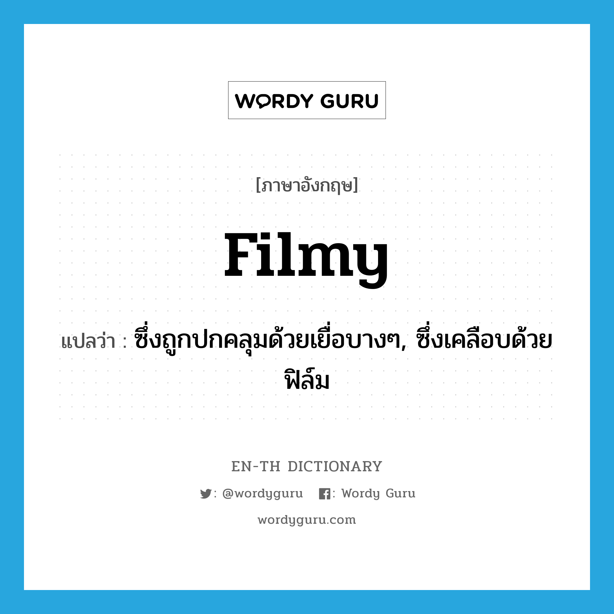 filmy แปลว่า?, คำศัพท์ภาษาอังกฤษ filmy แปลว่า ซึ่งถูกปกคลุมด้วยเยื่อบางๆ, ซึ่งเคลือบด้วยฟิล์ม ประเภท ADJ หมวด ADJ