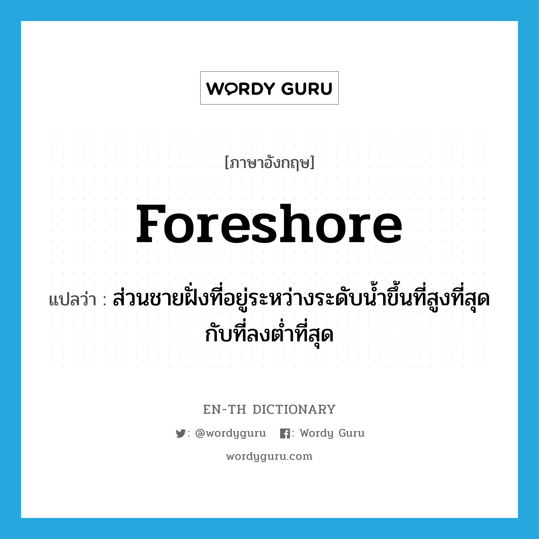 foreshore แปลว่า?, คำศัพท์ภาษาอังกฤษ foreshore แปลว่า ส่วนชายฝั่งที่อยู่ระหว่างระดับน้ำขึ้นที่สูงที่สุดกับที่ลงต่ำที่สุด ประเภท N หมวด N