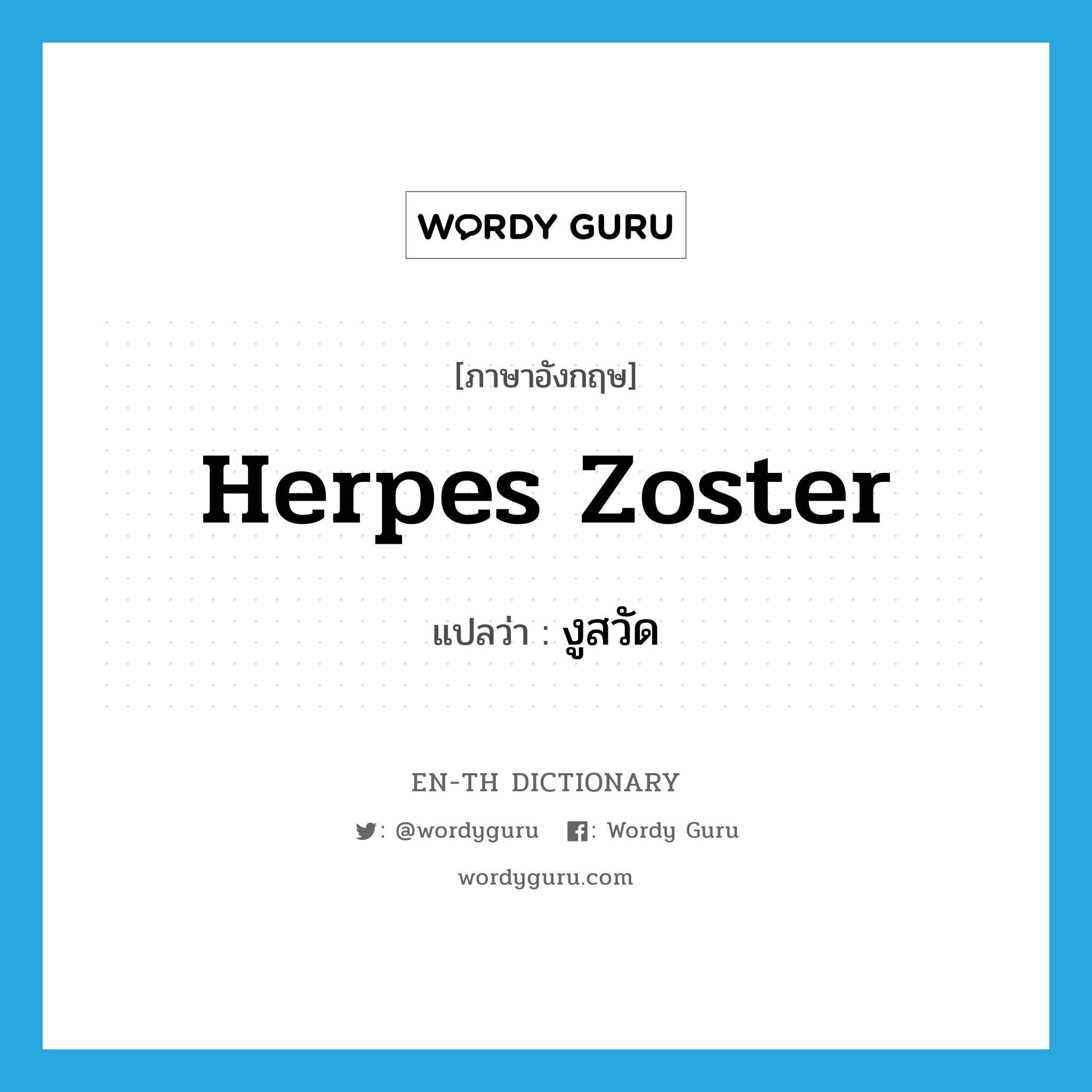 herpes zoster แปลว่า?, คำศัพท์ภาษาอังกฤษ herpes zoster แปลว่า งูสวัด ประเภท N หมวด N