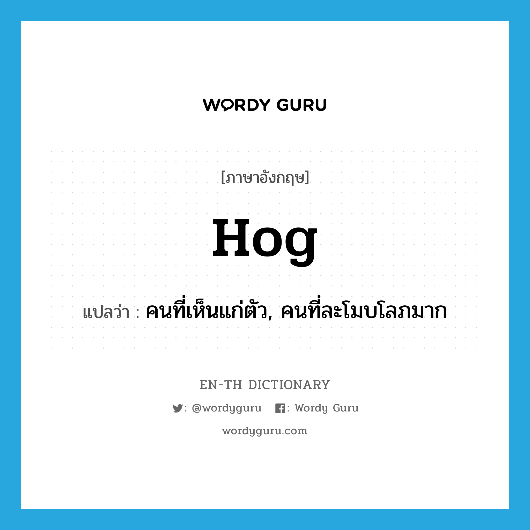 hog แปลว่า?, คำศัพท์ภาษาอังกฤษ hog แปลว่า คนที่เห็นแก่ตัว, คนที่ละโมบโลภมาก ประเภท N หมวด N