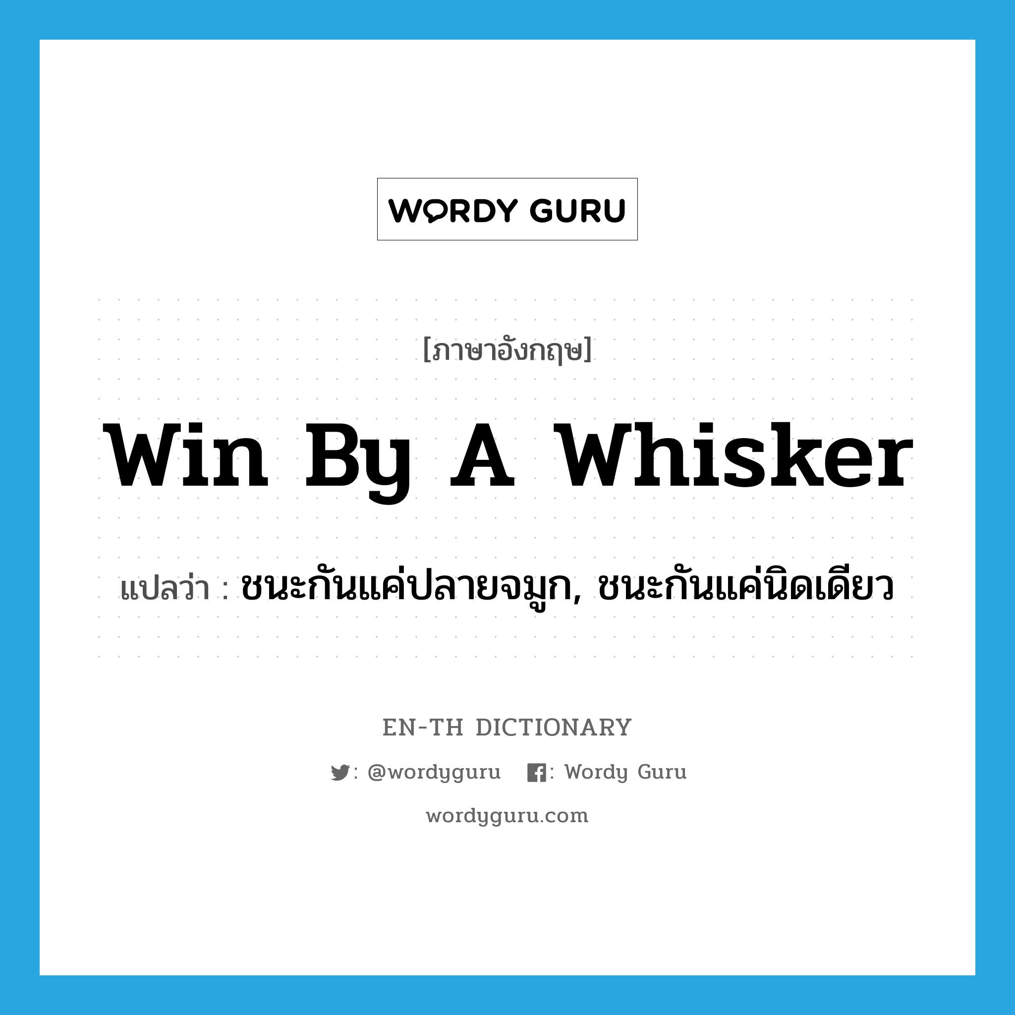 win by a whisker แปลว่า?, คำศัพท์ภาษาอังกฤษ win by a whisker แปลว่า ชนะกันแค่ปลายจมูก, ชนะกันแค่นิดเดียว ประเภท IDM หมวด IDM