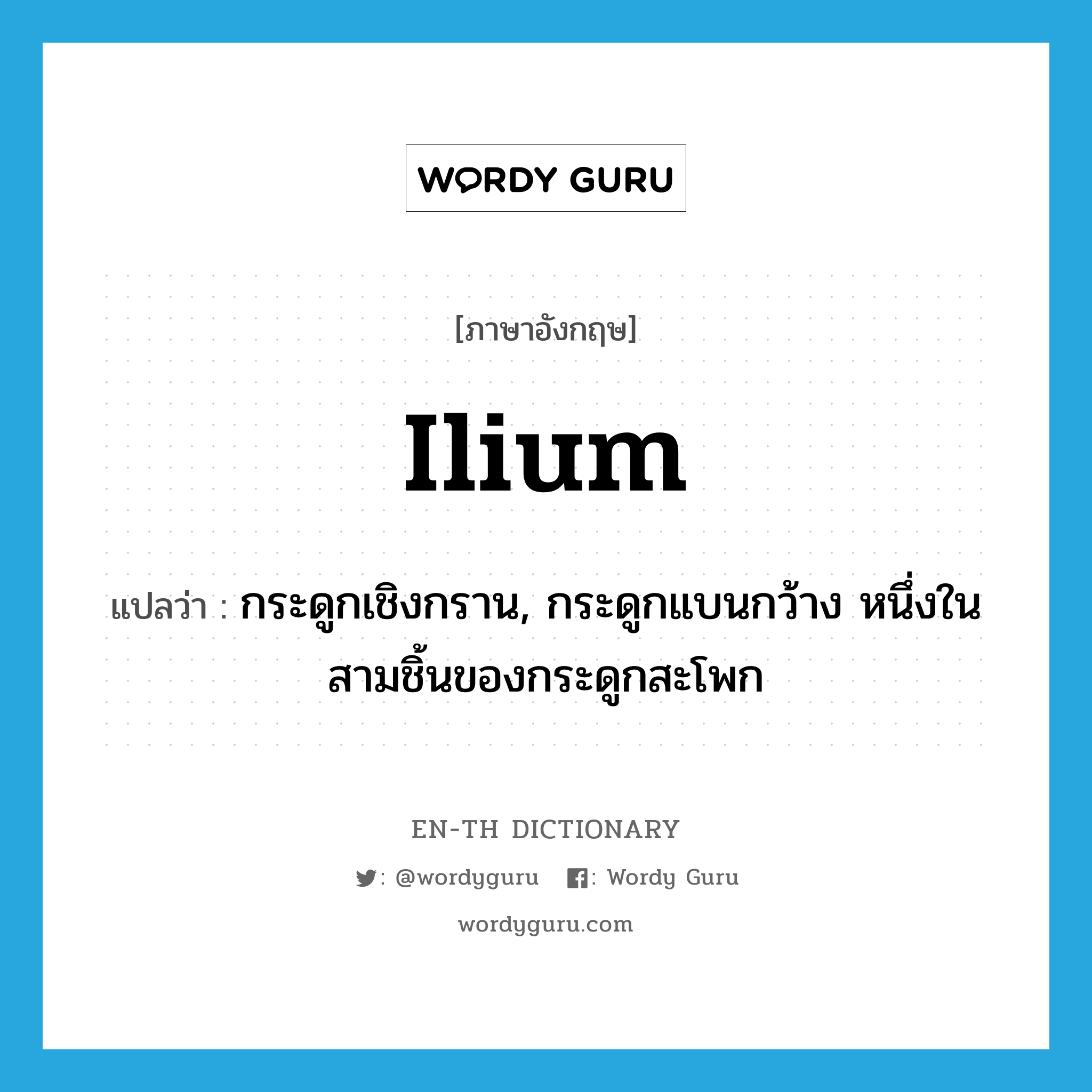 ilium แปลว่า?, คำศัพท์ภาษาอังกฤษ ilium แปลว่า กระดูกเชิงกราน, กระดูกแบนกว้าง หนึ่งในสามชิ้นของกระดูกสะโพก ประเภท N หมวด N