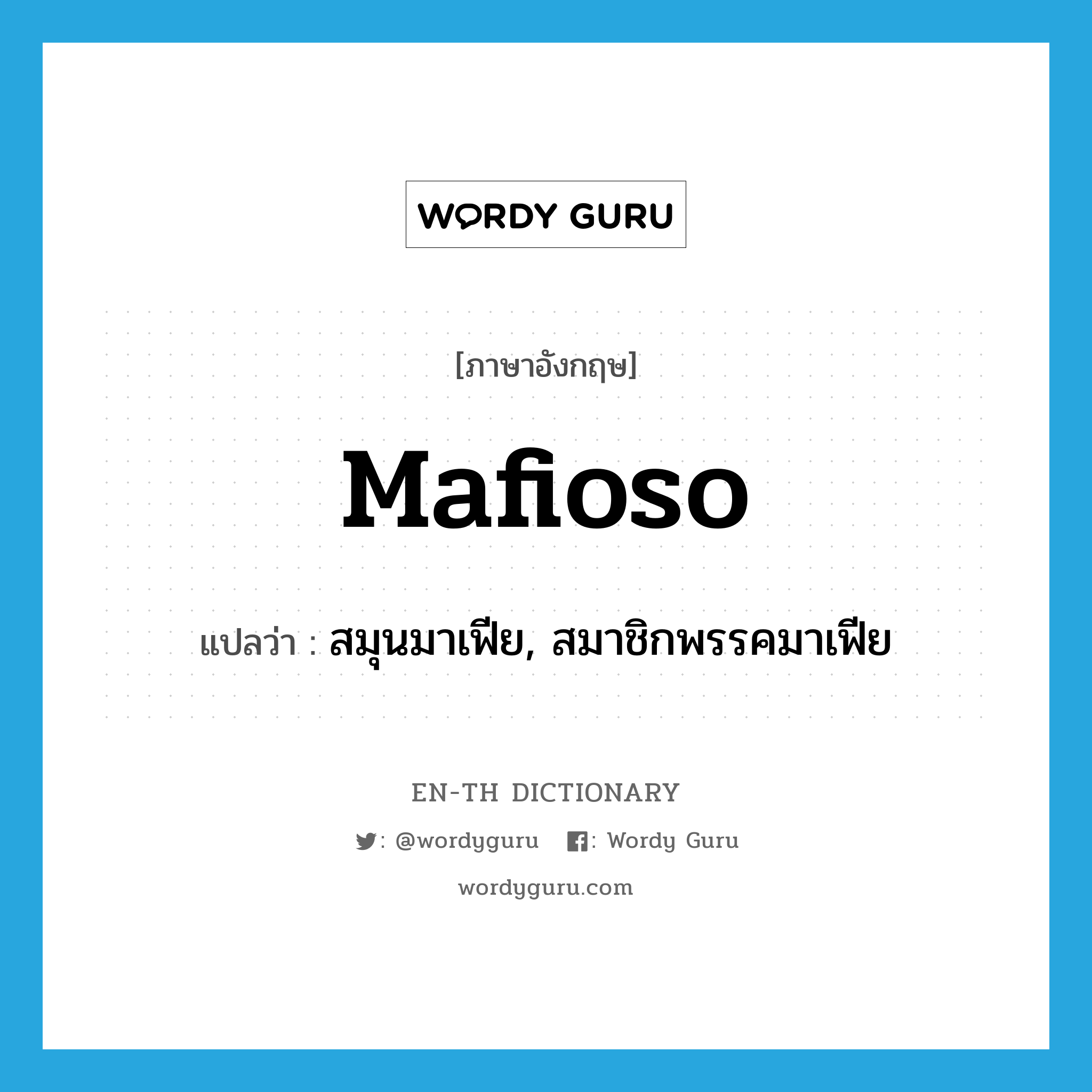 mafioso แปลว่า?, คำศัพท์ภาษาอังกฤษ mafioso แปลว่า สมุนมาเฟีย, สมาชิกพรรคมาเฟีย ประเภท N หมวด N