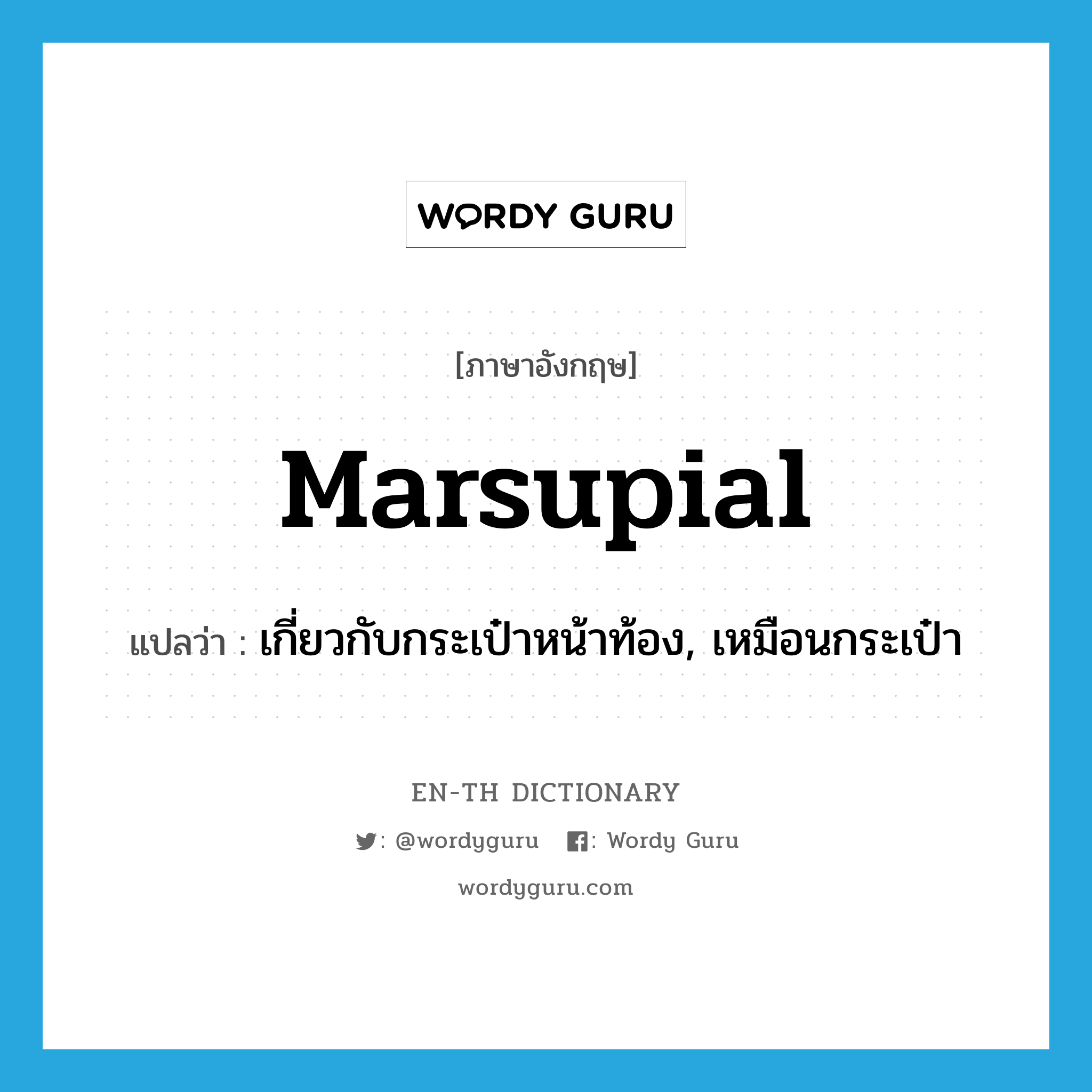 marsupial แปลว่า?, คำศัพท์ภาษาอังกฤษ marsupial แปลว่า เกี่ยวกับกระเป๋าหน้าท้อง, เหมือนกระเป๋า ประเภท ADJ หมวด ADJ