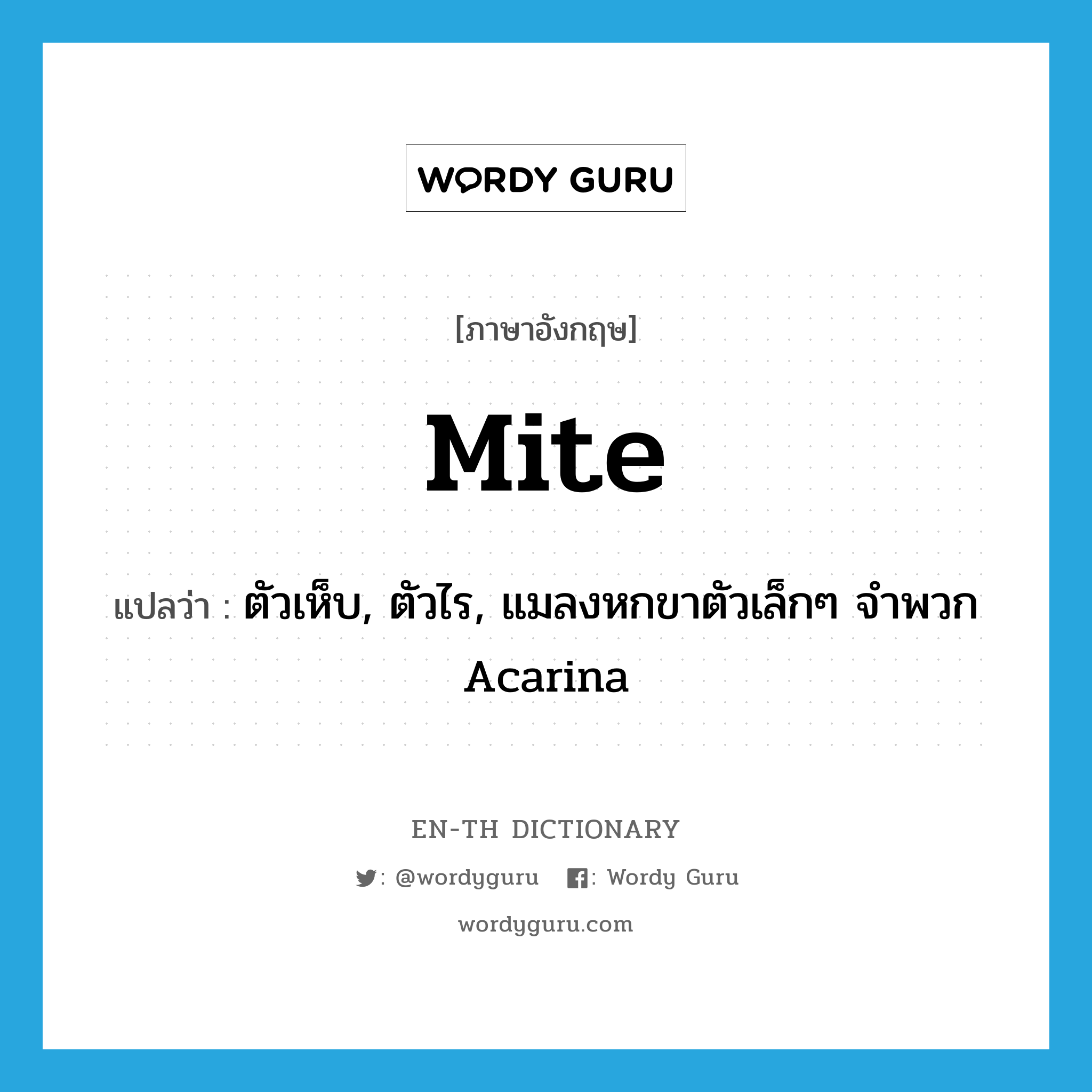 mite แปลว่า?, คำศัพท์ภาษาอังกฤษ mite แปลว่า ตัวเห็บ, ตัวไร, แมลงหกขาตัวเล็กๆ จำพวก Acarina ประเภท N หมวด N