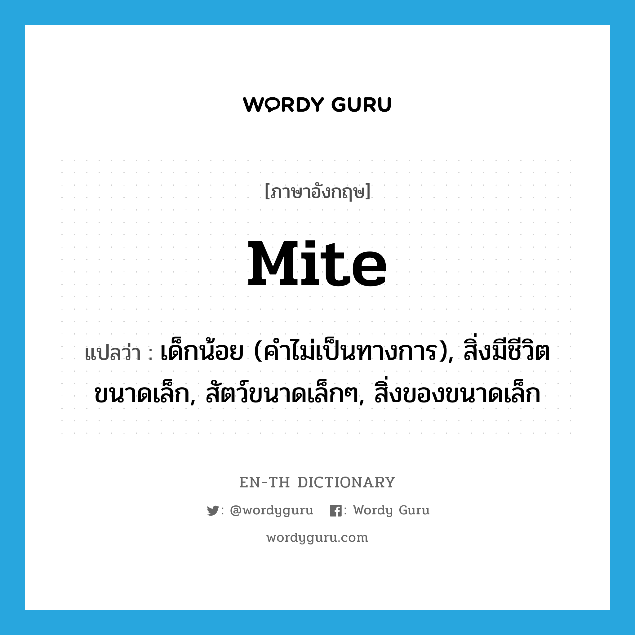 mite แปลว่า?, คำศัพท์ภาษาอังกฤษ mite แปลว่า เด็กน้อย (คำไม่เป็นทางการ), สิ่งมีชีวิตขนาดเล็ก, สัตว์ขนาดเล็กๆ, สิ่งของขนาดเล็ก ประเภท N หมวด N