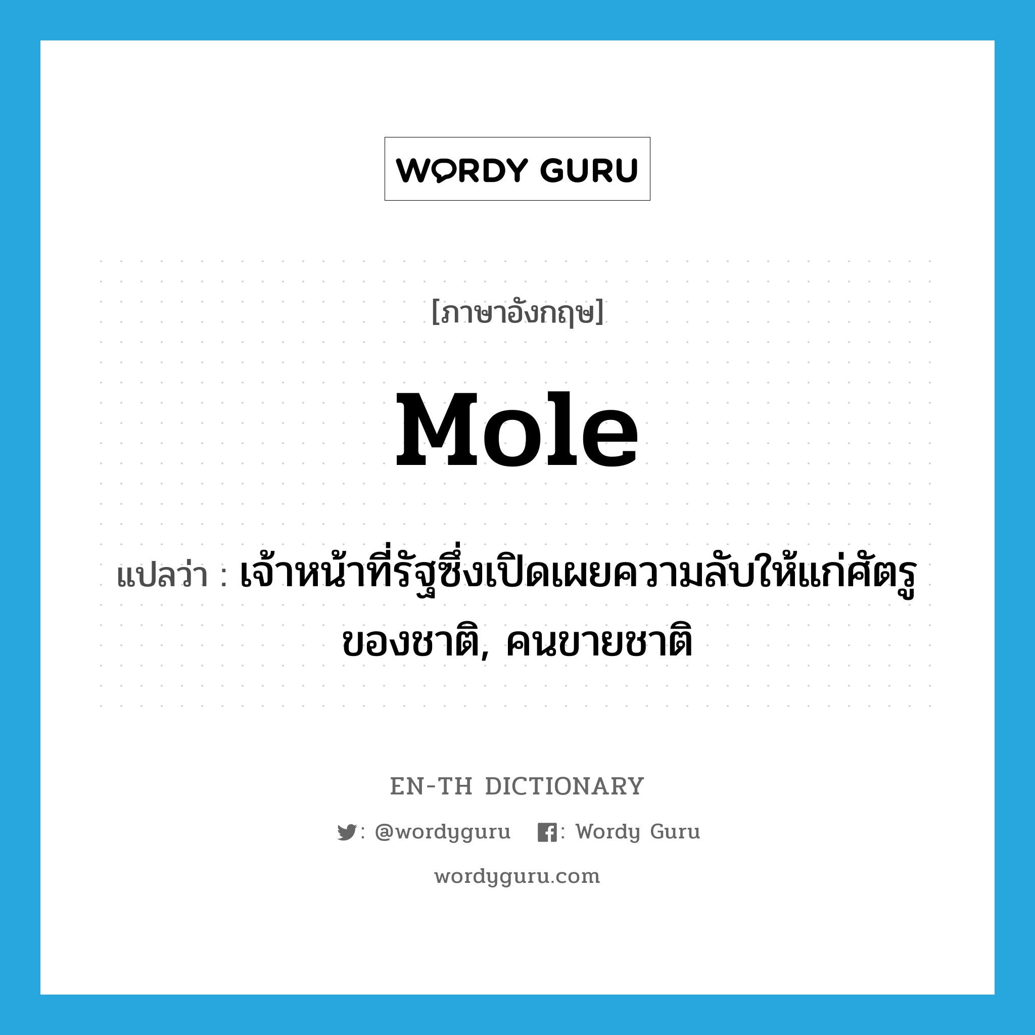 mole แปลว่า?, คำศัพท์ภาษาอังกฤษ mole แปลว่า เจ้าหน้าที่รัฐซึ่งเปิดเผยความลับให้แก่ศัตรูของชาติ, คนขายชาติ ประเภท N หมวด N