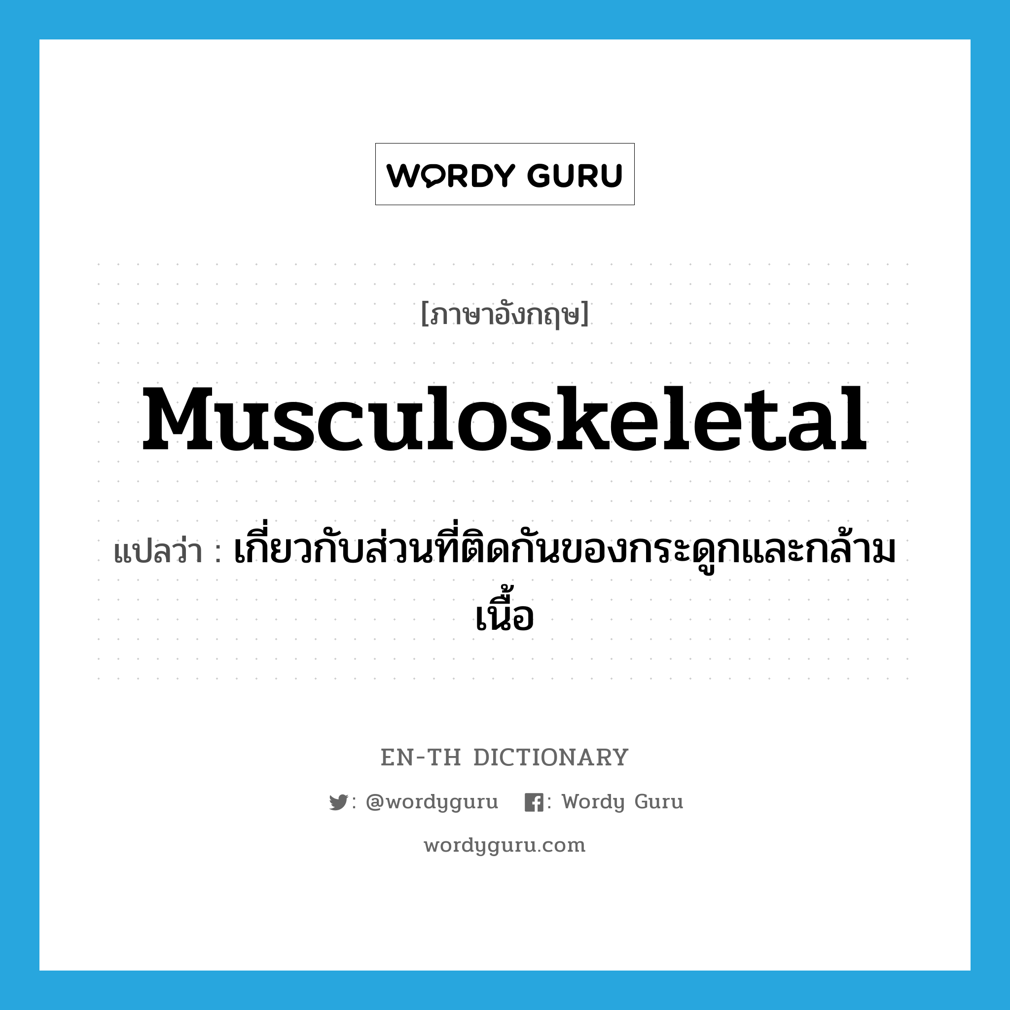 musculoskeletal แปลว่า?, คำศัพท์ภาษาอังกฤษ musculoskeletal แปลว่า เกี่ยวกับส่วนที่ติดกันของกระดูกและกล้ามเนื้อ ประเภท ADJ หมวด ADJ