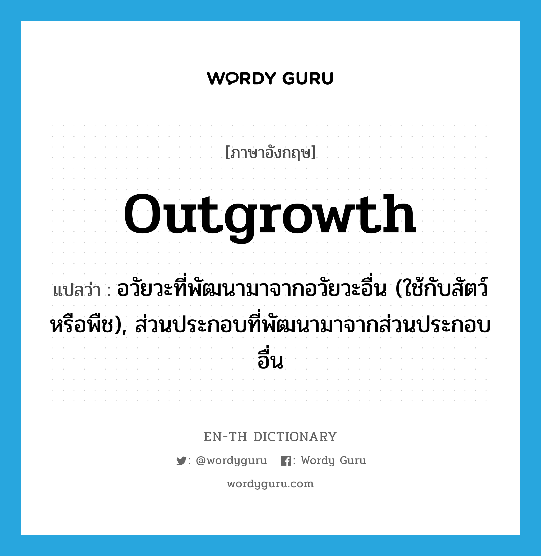 outgrowth แปลว่า?, คำศัพท์ภาษาอังกฤษ outgrowth แปลว่า อวัยวะที่พัฒนามาจากอวัยวะอื่น (ใช้กับสัตว์หรือพืช), ส่วนประกอบที่พัฒนามาจากส่วนประกอบอื่น ประเภท N หมวด N