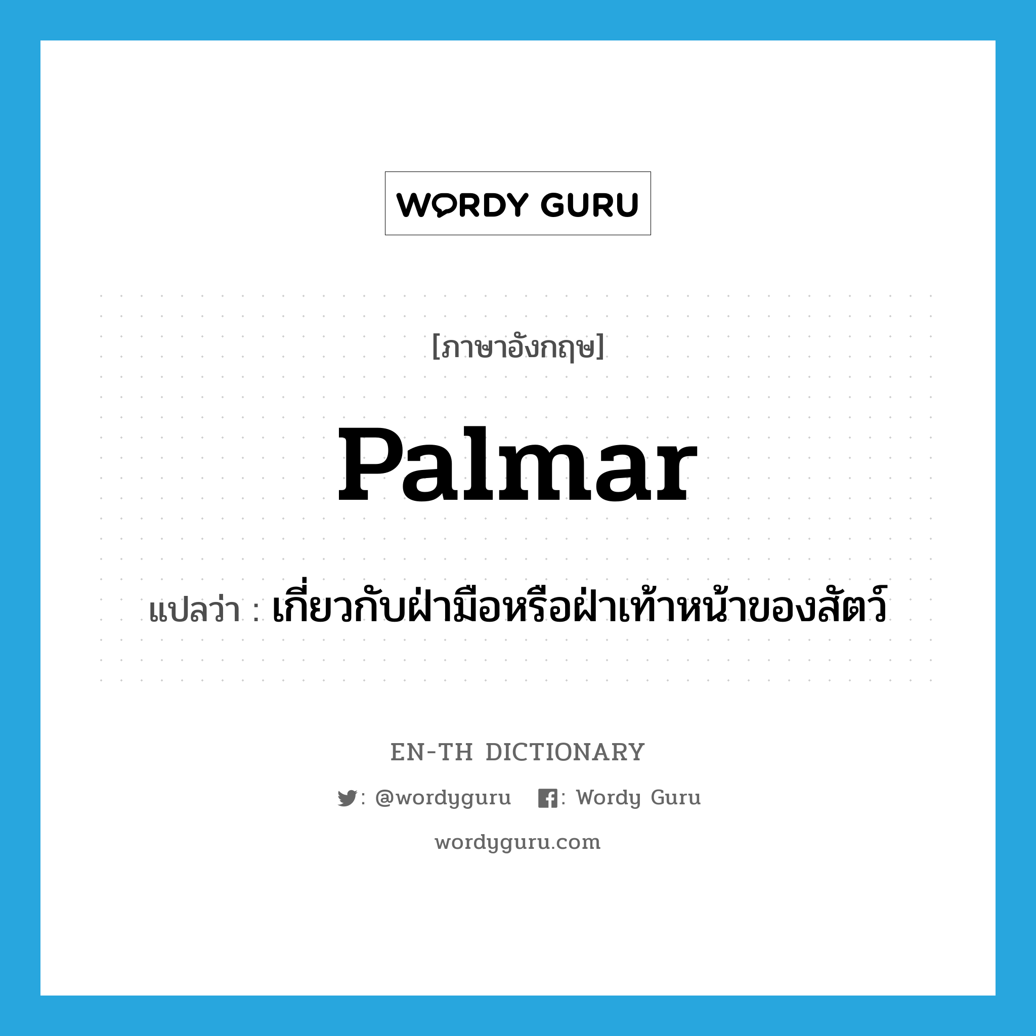 palmar แปลว่า?, คำศัพท์ภาษาอังกฤษ palmar แปลว่า เกี่ยวกับฝ่ามือหรือฝ่าเท้าหน้าของสัตว์ ประเภท ADJ หมวด ADJ