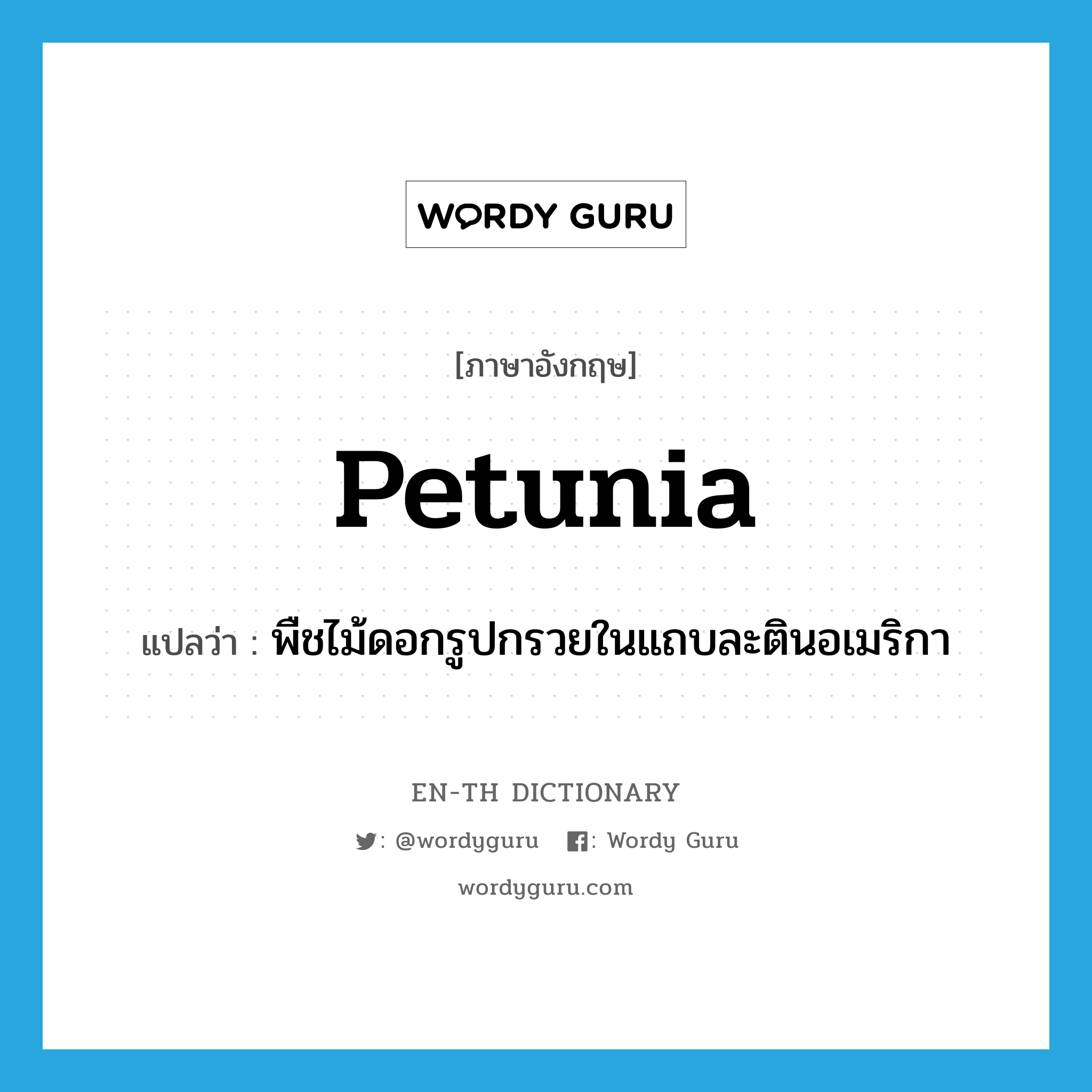 petunia แปลว่า?, คำศัพท์ภาษาอังกฤษ petunia แปลว่า พืชไม้ดอกรูปกรวยในแถบละตินอเมริกา ประเภท N หมวด N