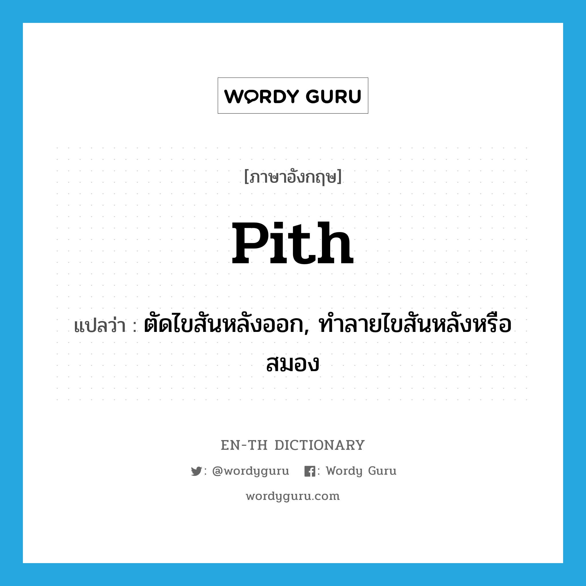 pith แปลว่า?, คำศัพท์ภาษาอังกฤษ pith แปลว่า ตัดไขสันหลังออก, ทำลายไขสันหลังหรือสมอง ประเภท VT หมวด VT