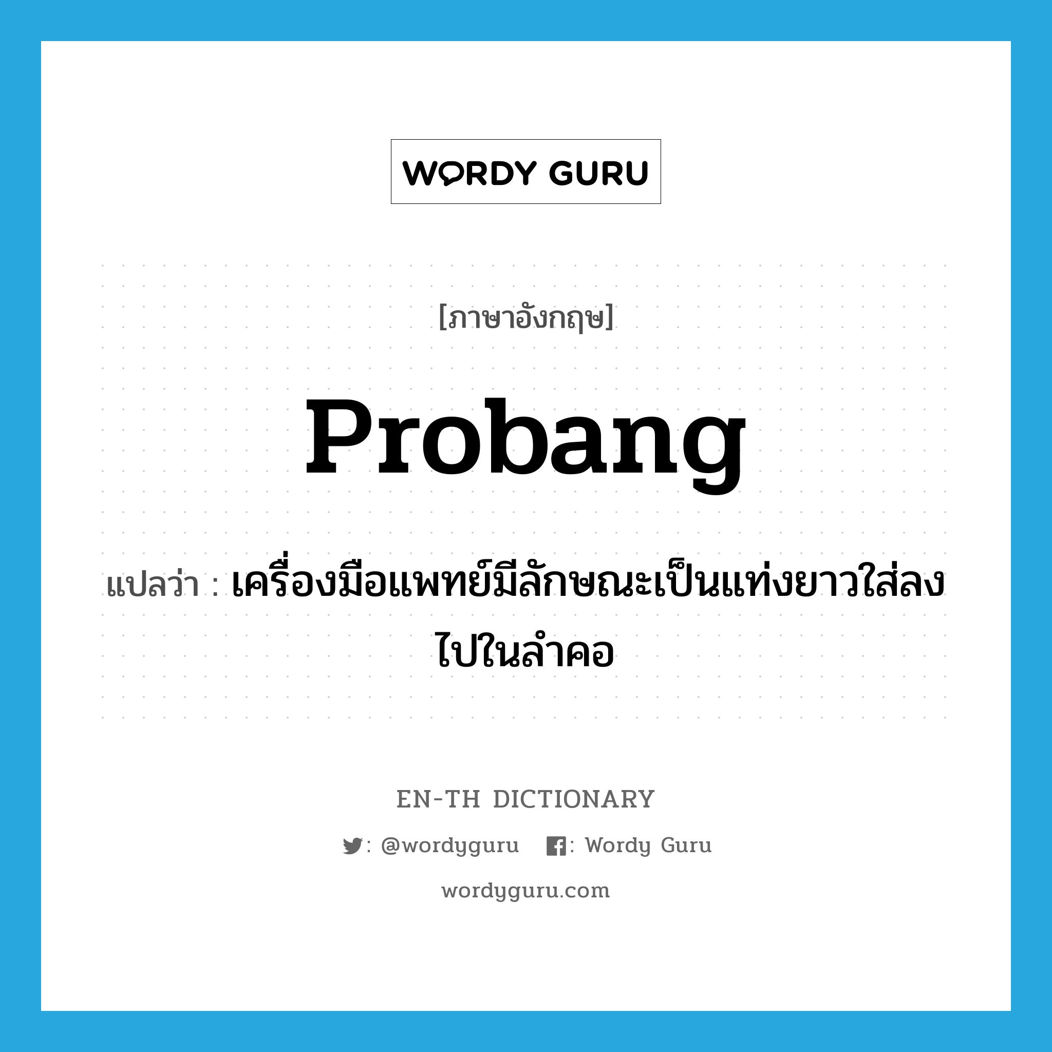 probang แปลว่า?, คำศัพท์ภาษาอังกฤษ probang แปลว่า เครื่องมือแพทย์มีลักษณะเป็นแท่งยาวใส่ลงไปในลำคอ ประเภท N หมวด N