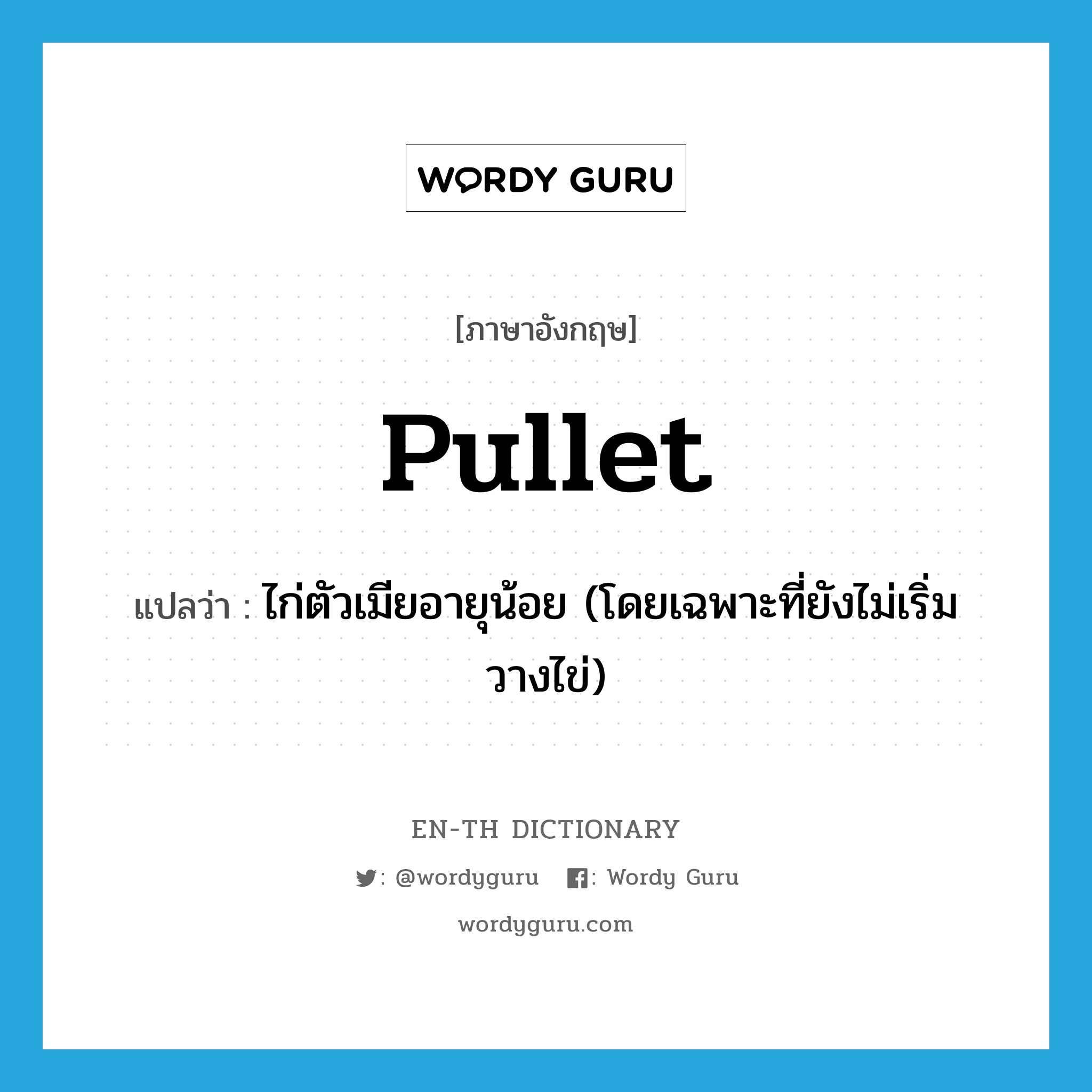 pullet แปลว่า?, คำศัพท์ภาษาอังกฤษ pullet แปลว่า ไก่ตัวเมียอายุน้อย (โดยเฉพาะที่ยังไม่เริ่มวางไข่) ประเภท N หมวด N