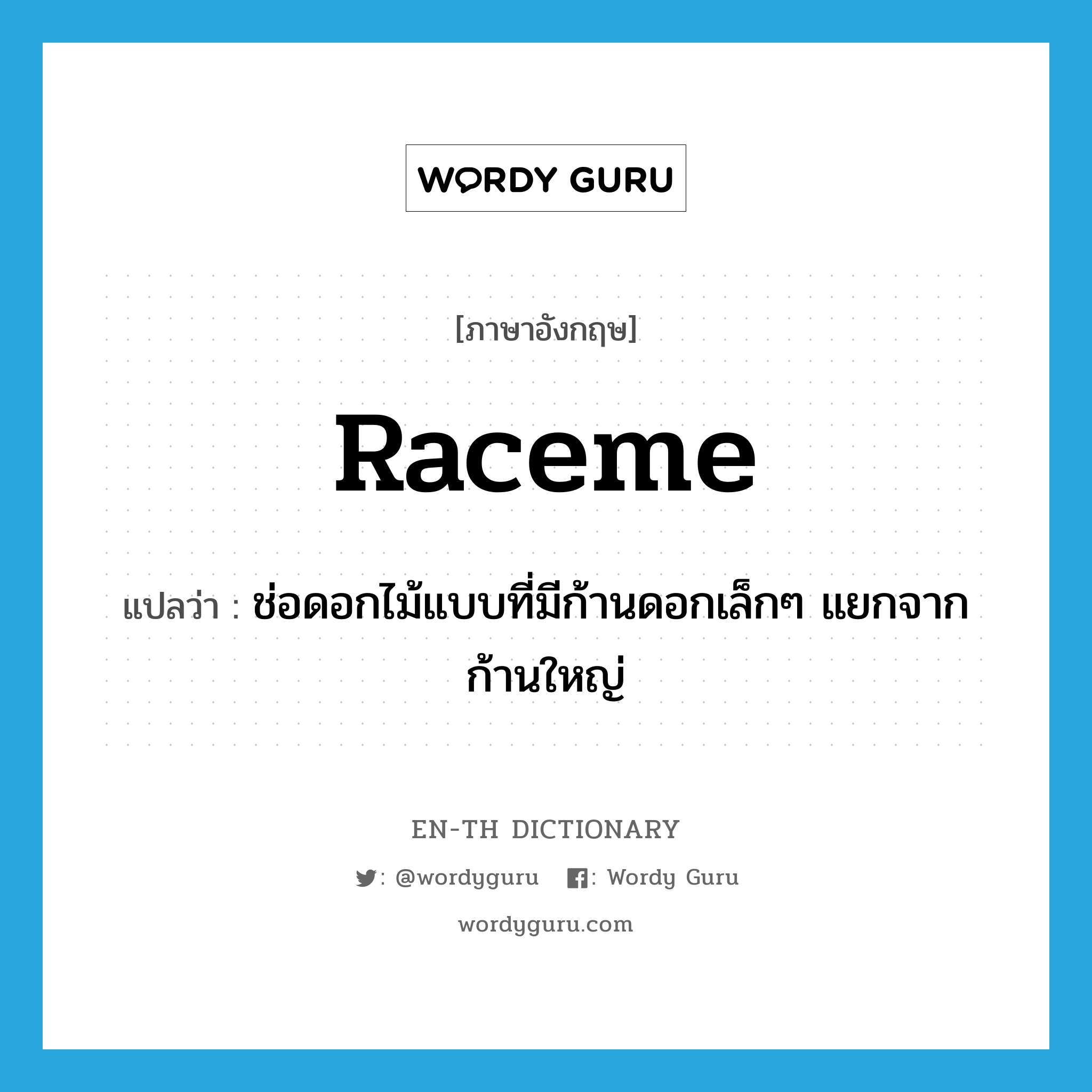 raceme แปลว่า?, คำศัพท์ภาษาอังกฤษ raceme แปลว่า ช่อดอกไม้แบบที่มีก้านดอกเล็กๆ แยกจากก้านใหญ่ ประเภท N หมวด N