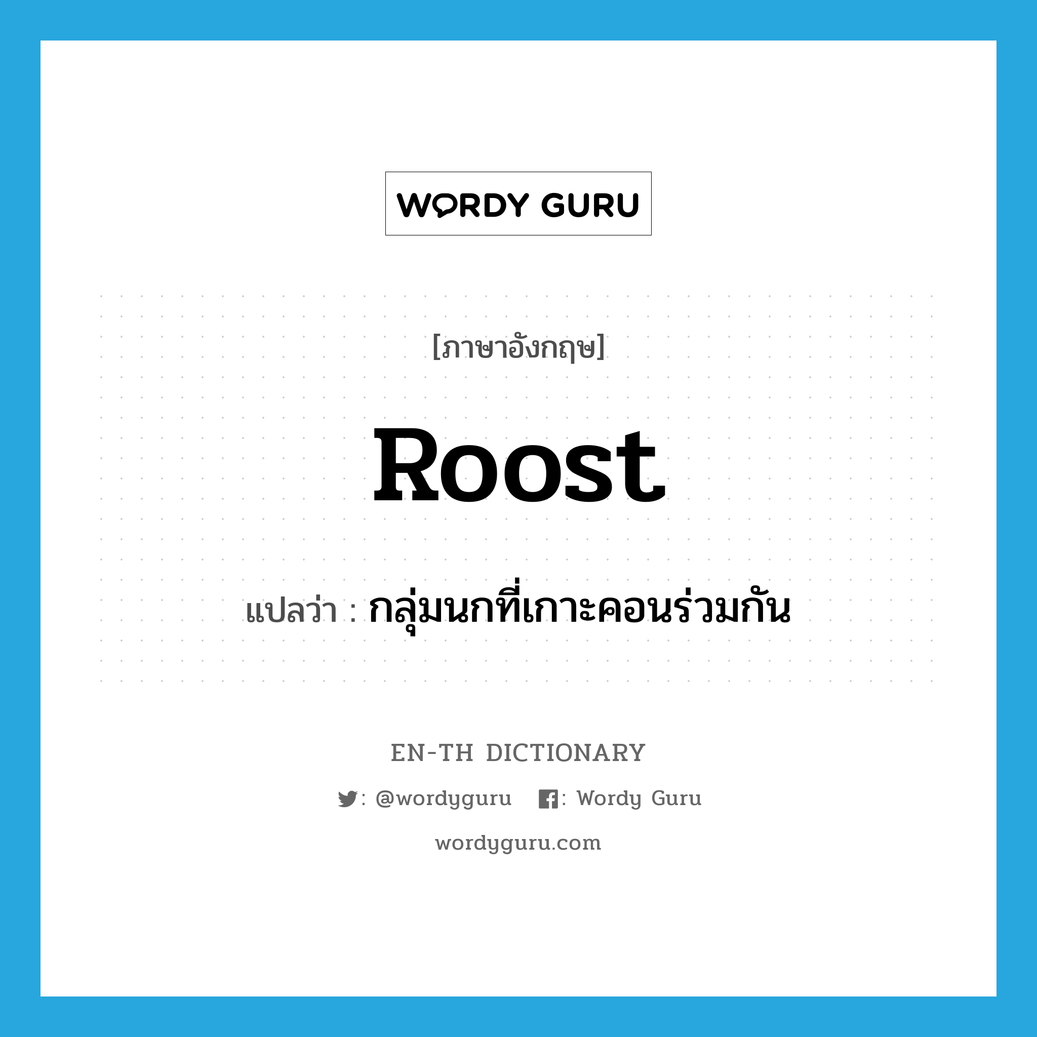 roost แปลว่า?, คำศัพท์ภาษาอังกฤษ roost แปลว่า กลุ่มนกที่เกาะคอนร่วมกัน ประเภท N หมวด N