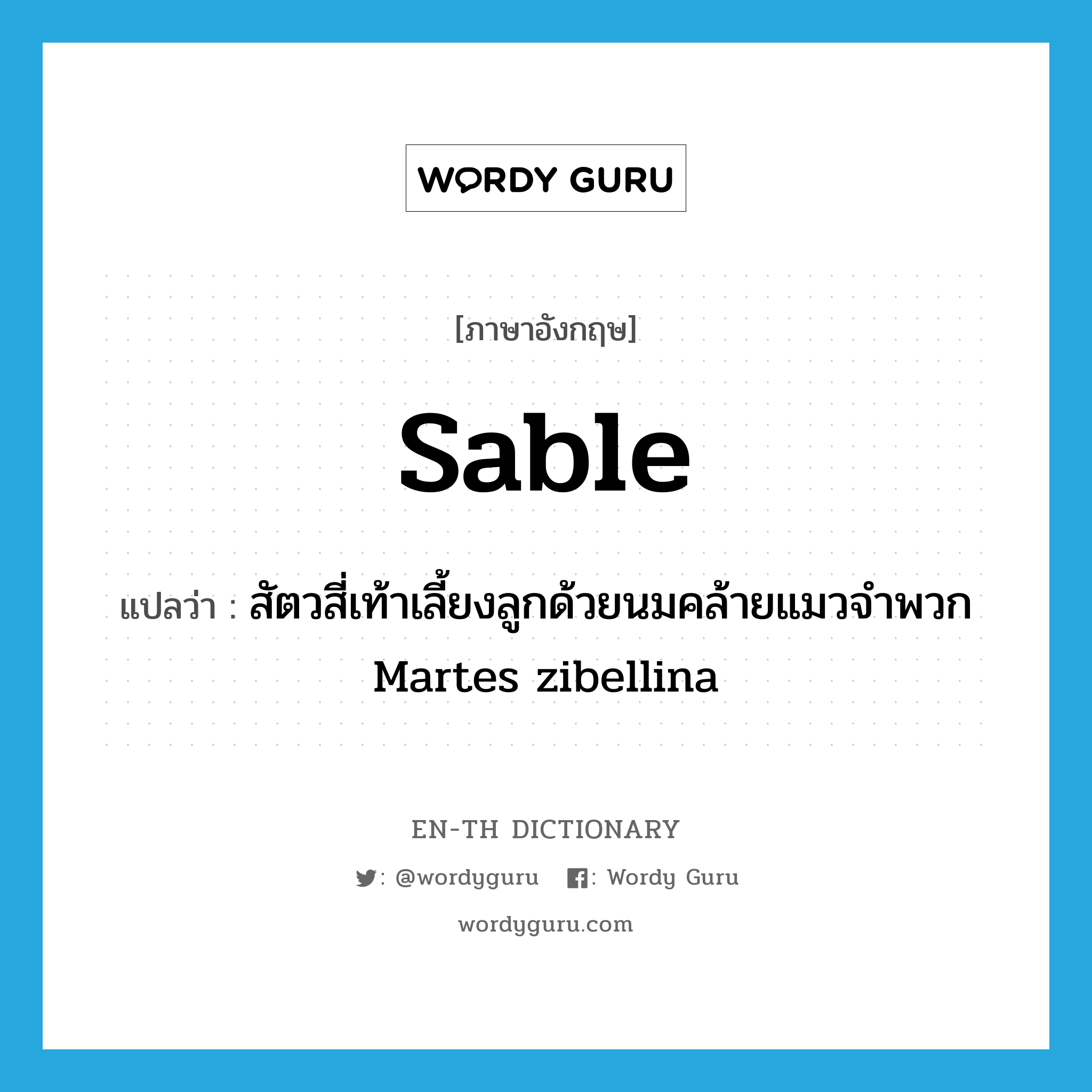 sable แปลว่า?, คำศัพท์ภาษาอังกฤษ sable แปลว่า สัตวสี่เท้าเลี้ยงลูกด้วยนมคล้ายแมวจำพวก Martes zibellina ประเภท N หมวด N