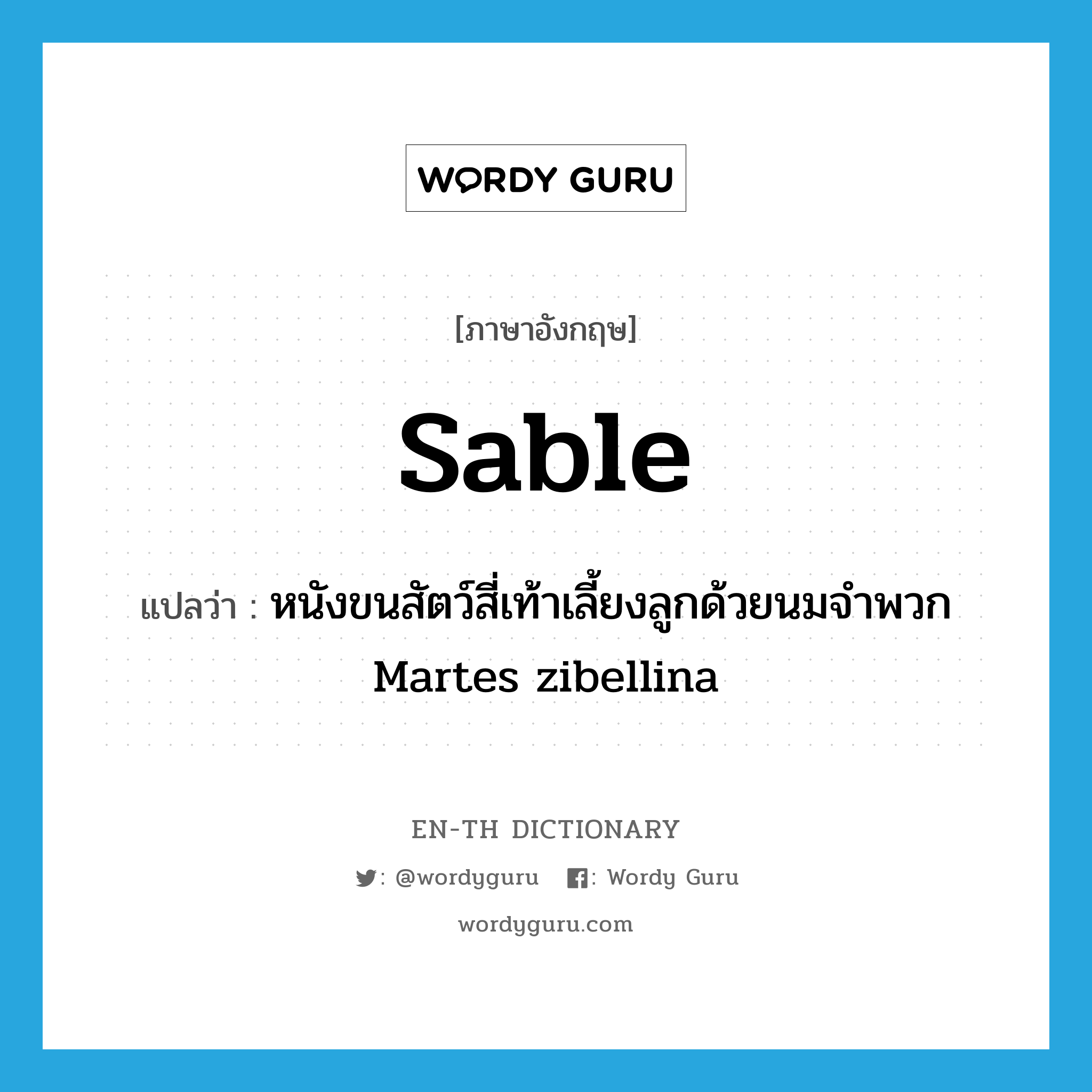 sable แปลว่า?, คำศัพท์ภาษาอังกฤษ sable แปลว่า หนังขนสัตว์สี่เท้าเลี้ยงลูกด้วยนมจำพวก Martes zibellina ประเภท N หมวด N