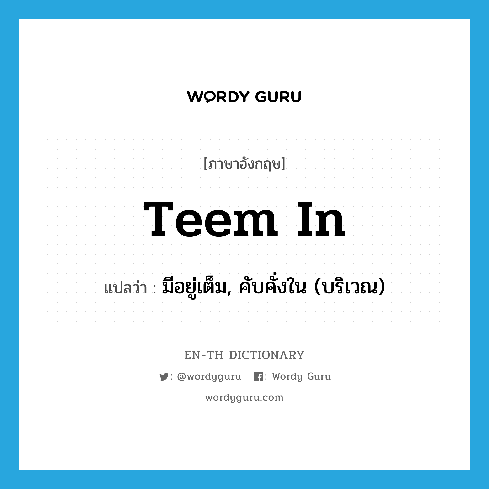 teem in แปลว่า?, คำศัพท์ภาษาอังกฤษ teem in แปลว่า มีอยู่เต็ม, คับคั่งใน (บริเวณ) ประเภท PHRV หมวด PHRV