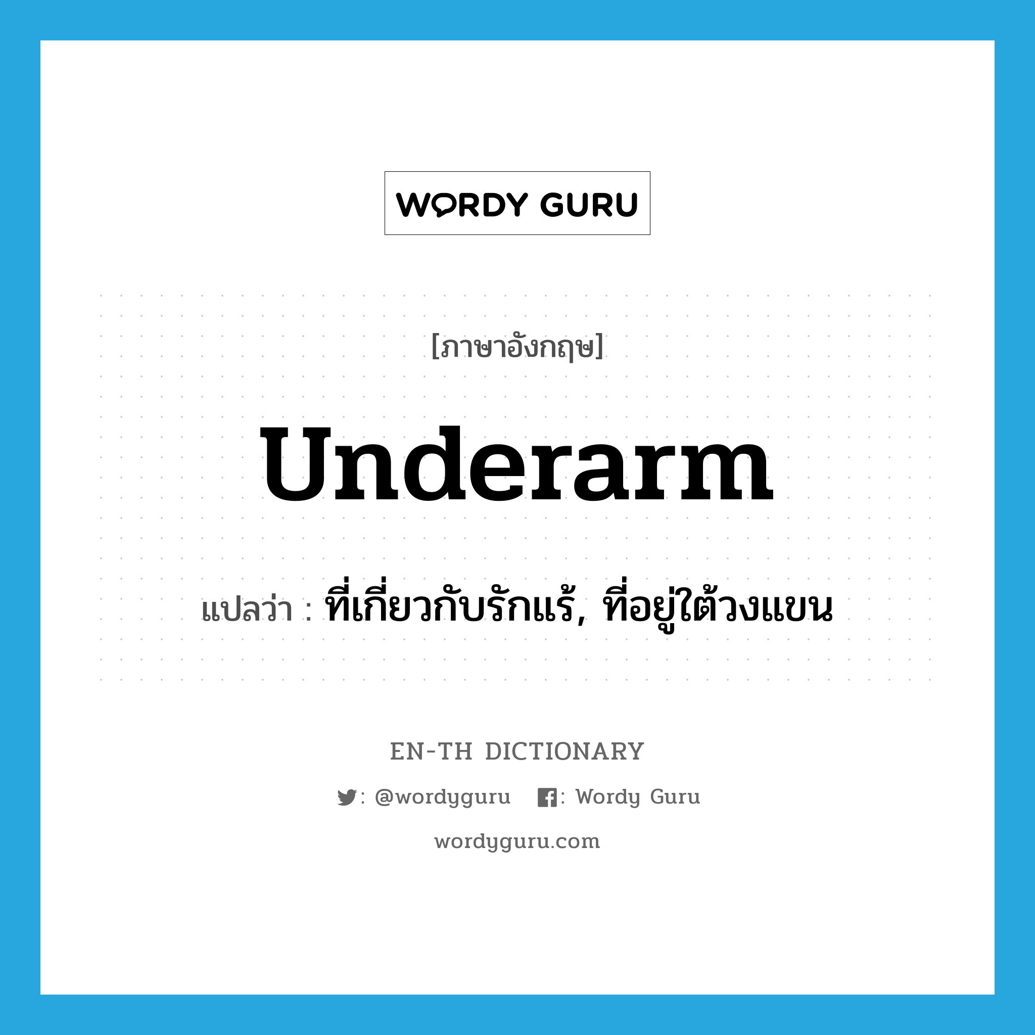 underarm แปลว่า?, คำศัพท์ภาษาอังกฤษ underarm แปลว่า ที่เกี่ยวกับรักแร้, ที่อยู่ใต้วงแขน ประเภท ADJ หมวด ADJ