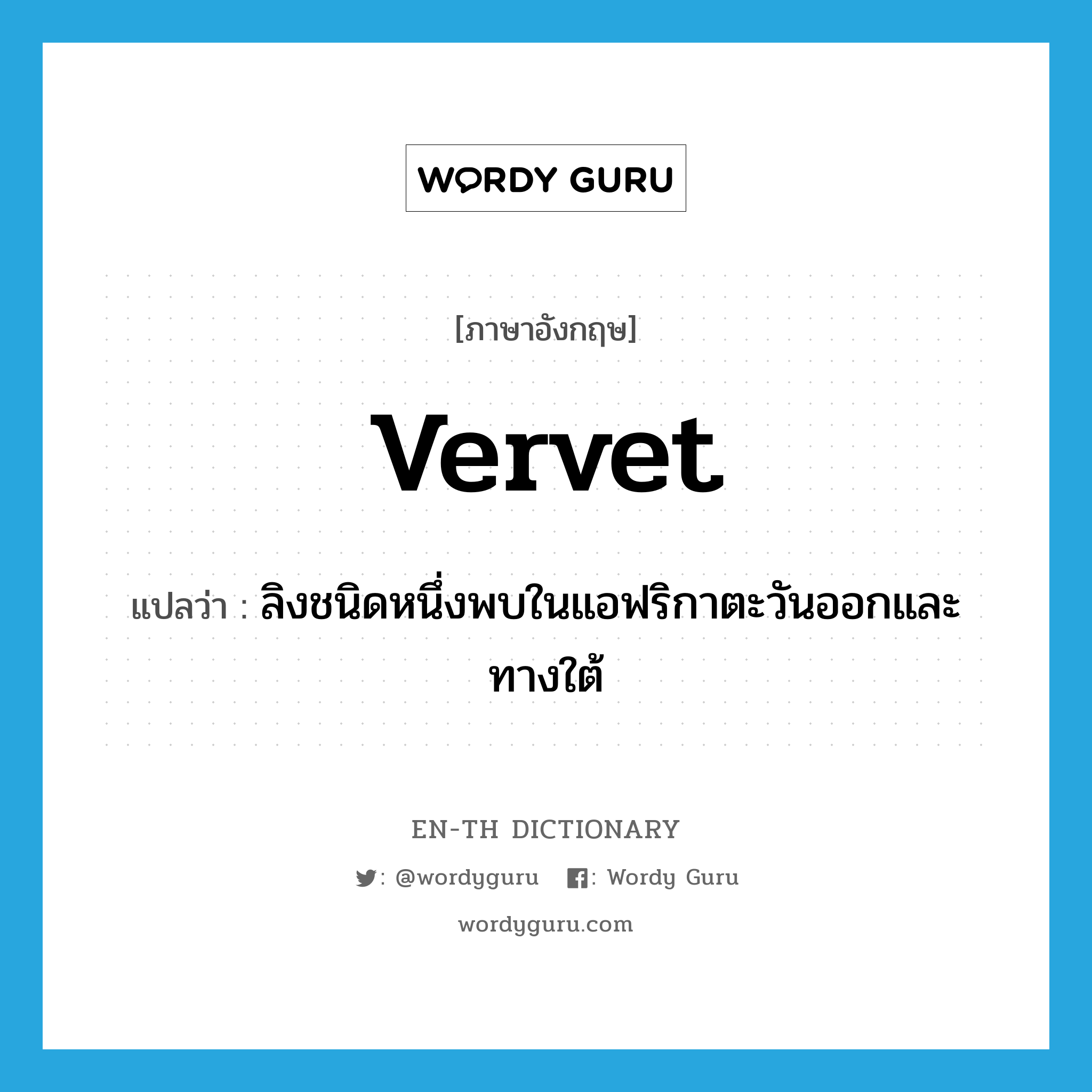 vervet แปลว่า?, คำศัพท์ภาษาอังกฤษ vervet แปลว่า ลิงชนิดหนึ่งพบในแอฟริกาตะวันออกและทางใต้ ประเภท N หมวด N