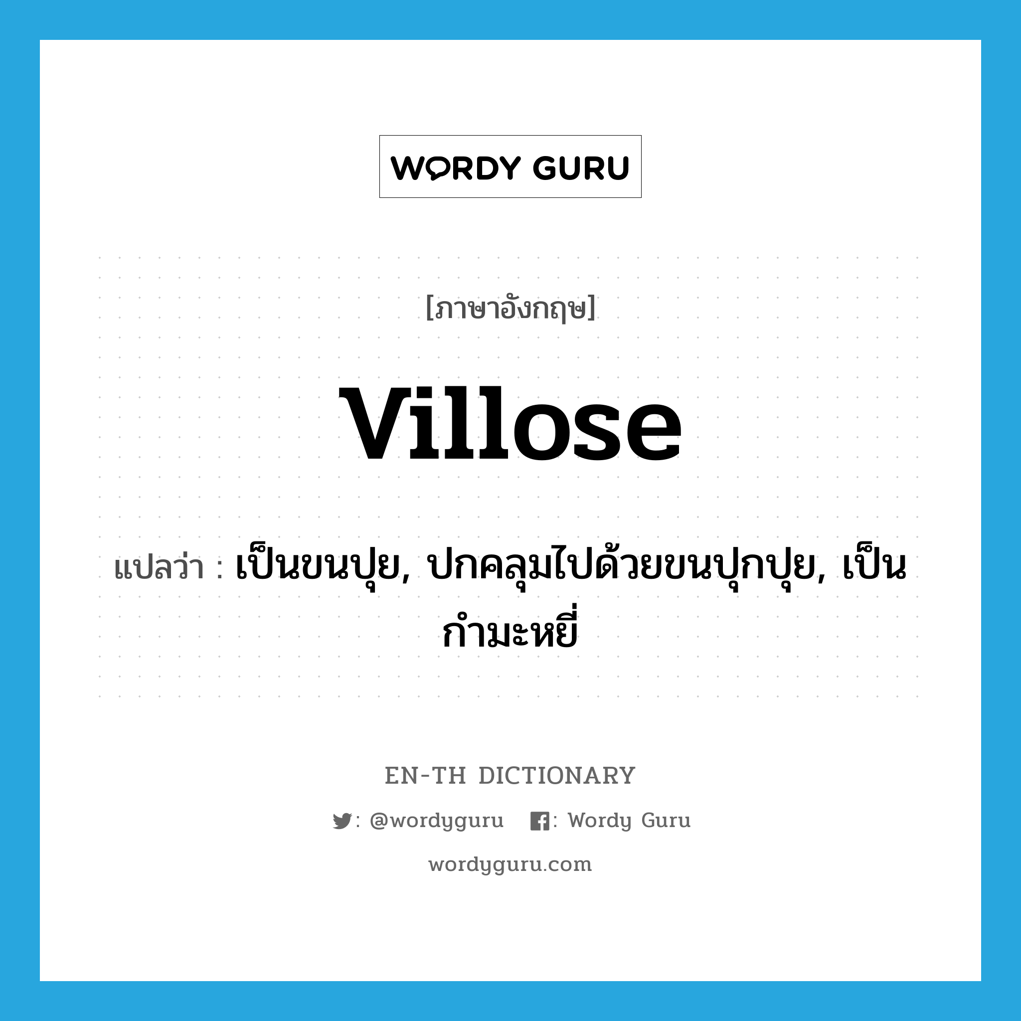 villose แปลว่า?, คำศัพท์ภาษาอังกฤษ villose แปลว่า เป็นขนปุย, ปกคลุมไปด้วยขนปุกปุย, เป็นกำมะหยี่ ประเภท ADJ หมวด ADJ