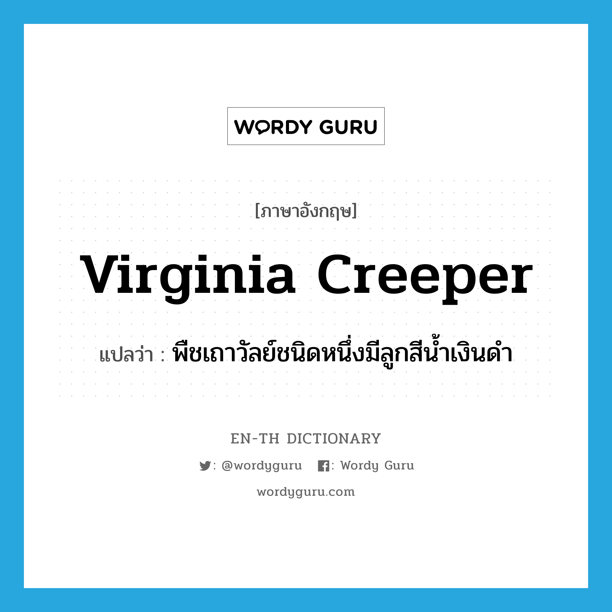 Virginia creeper แปลว่า?, คำศัพท์ภาษาอังกฤษ Virginia creeper แปลว่า พืชเถาวัลย์ชนิดหนึ่งมีลูกสีน้ำเงินดำ ประเภท N หมวด N