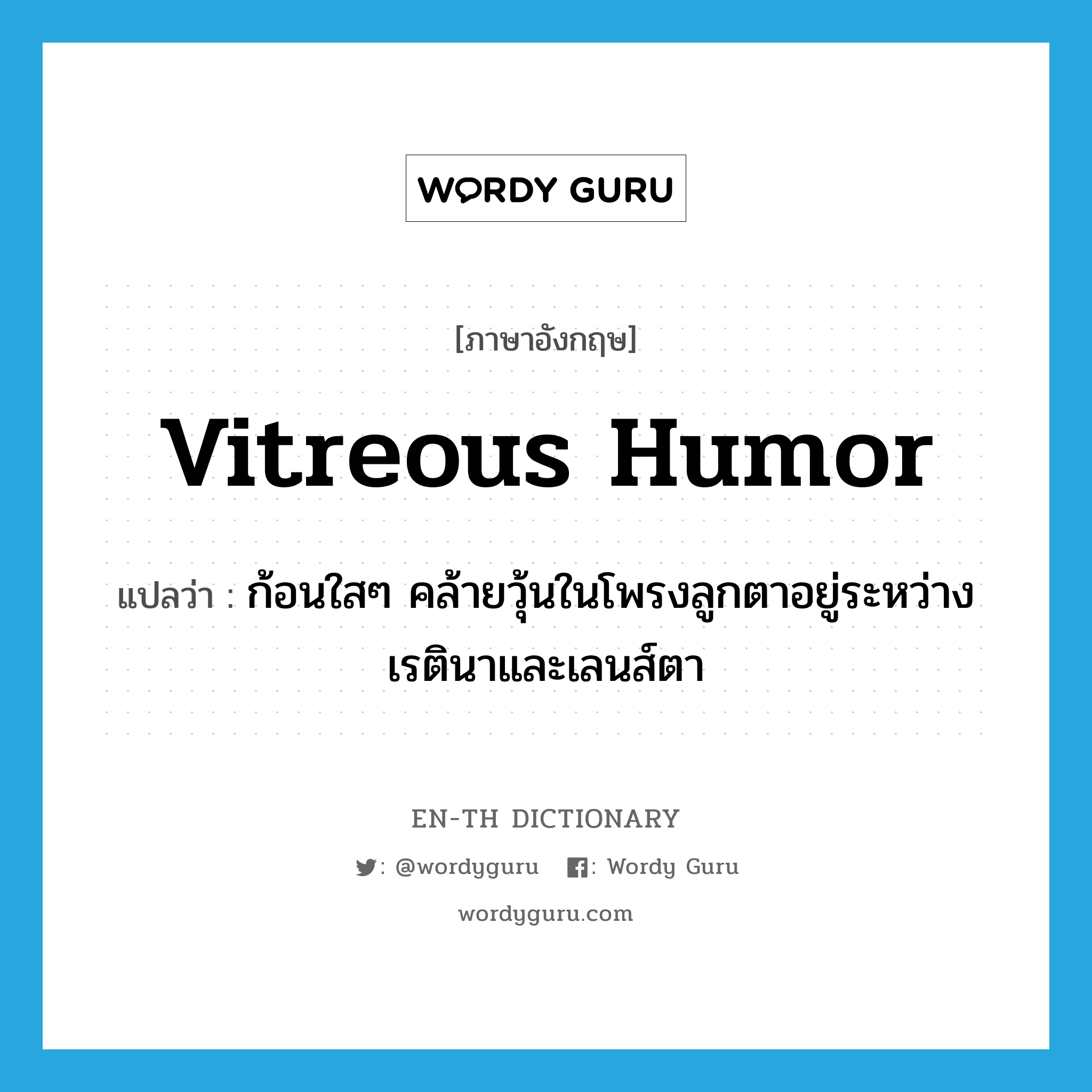 vitreous humor แปลว่า?, คำศัพท์ภาษาอังกฤษ vitreous humor แปลว่า ก้อนใสๆ คล้ายวุ้นในโพรงลูกตาอยู่ระหว่างเรตินาและเลนส์ตา ประเภท N หมวด N