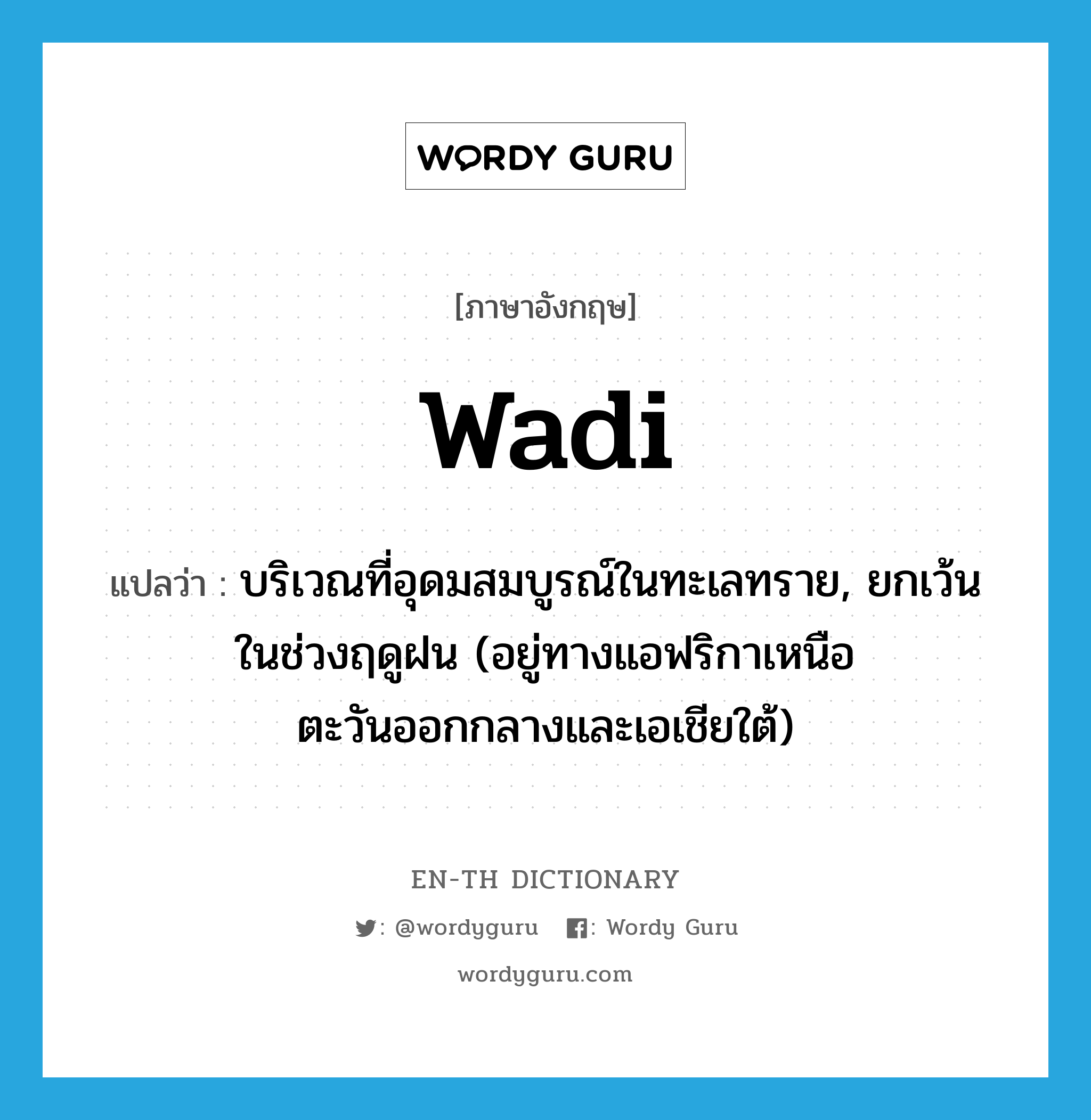 wadi แปลว่า?, คำศัพท์ภาษาอังกฤษ wadi แปลว่า บริเวณที่อุดมสมบูรณ์ในทะเลทราย, ยกเว้นในช่วงฤดูฝน (อยู่ทางแอฟริกาเหนือ ตะวันออกกลางและเอเชียใต้) ประเภท N หมวด N