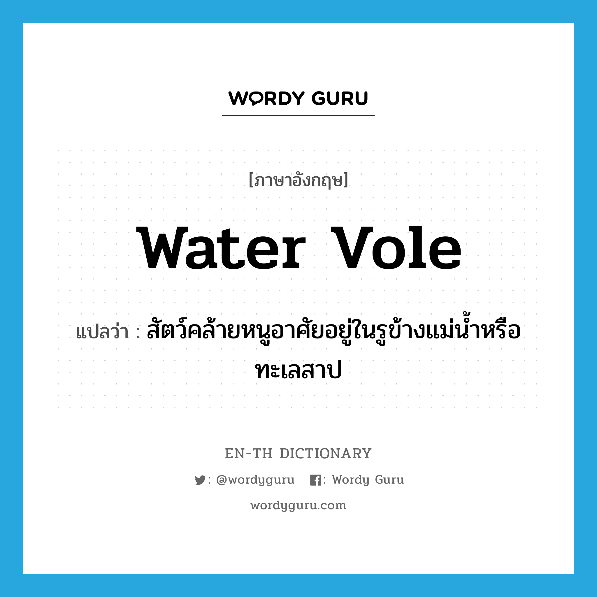 water vole แปลว่า?, คำศัพท์ภาษาอังกฤษ water vole แปลว่า สัตว์คล้ายหนูอาศัยอยู่ในรูข้างแม่น้ำหรือทะเลสาป ประเภท N หมวด N