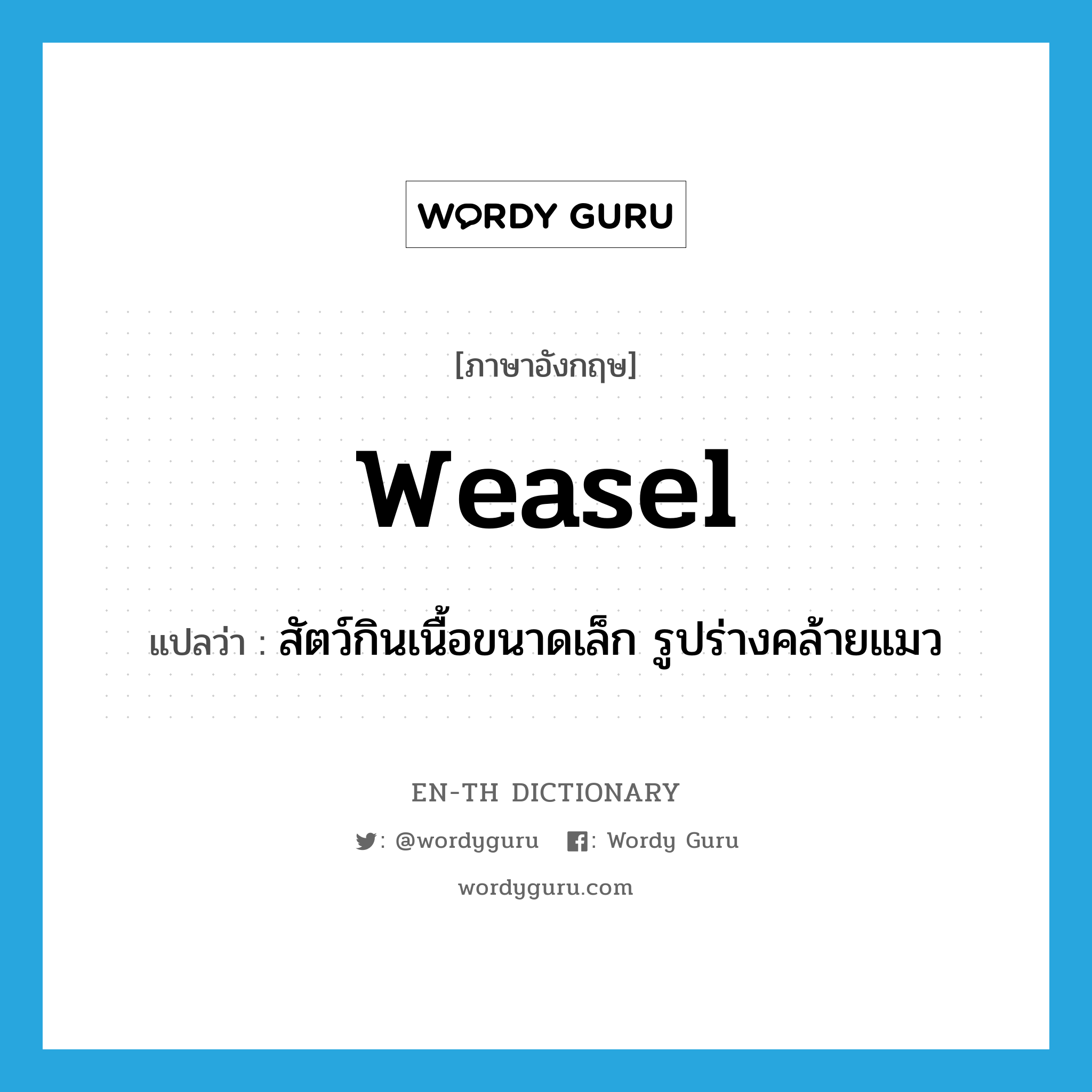 weasel แปลว่า?, คำศัพท์ภาษาอังกฤษ weasel แปลว่า สัตว์กินเนื้อขนาดเล็ก รูปร่างคล้ายแมว ประเภท N หมวด N