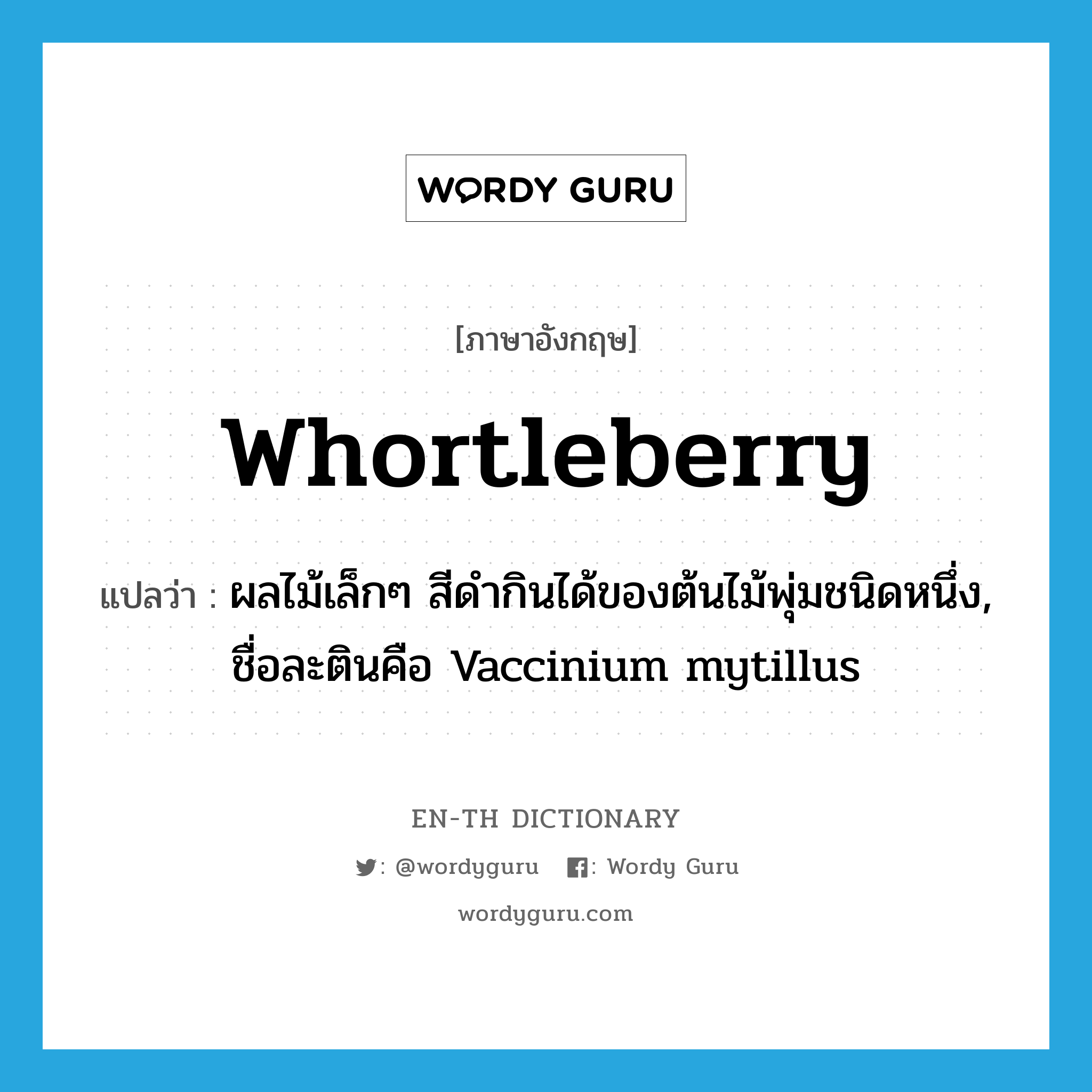 whortleberry แปลว่า?, คำศัพท์ภาษาอังกฤษ whortleberry แปลว่า ผลไม้เล็กๆ สีดำกินได้ของต้นไม้พุ่มชนิดหนึ่ง, ชื่อละตินคือ Vaccinium mytillus ประเภท N หมวด N