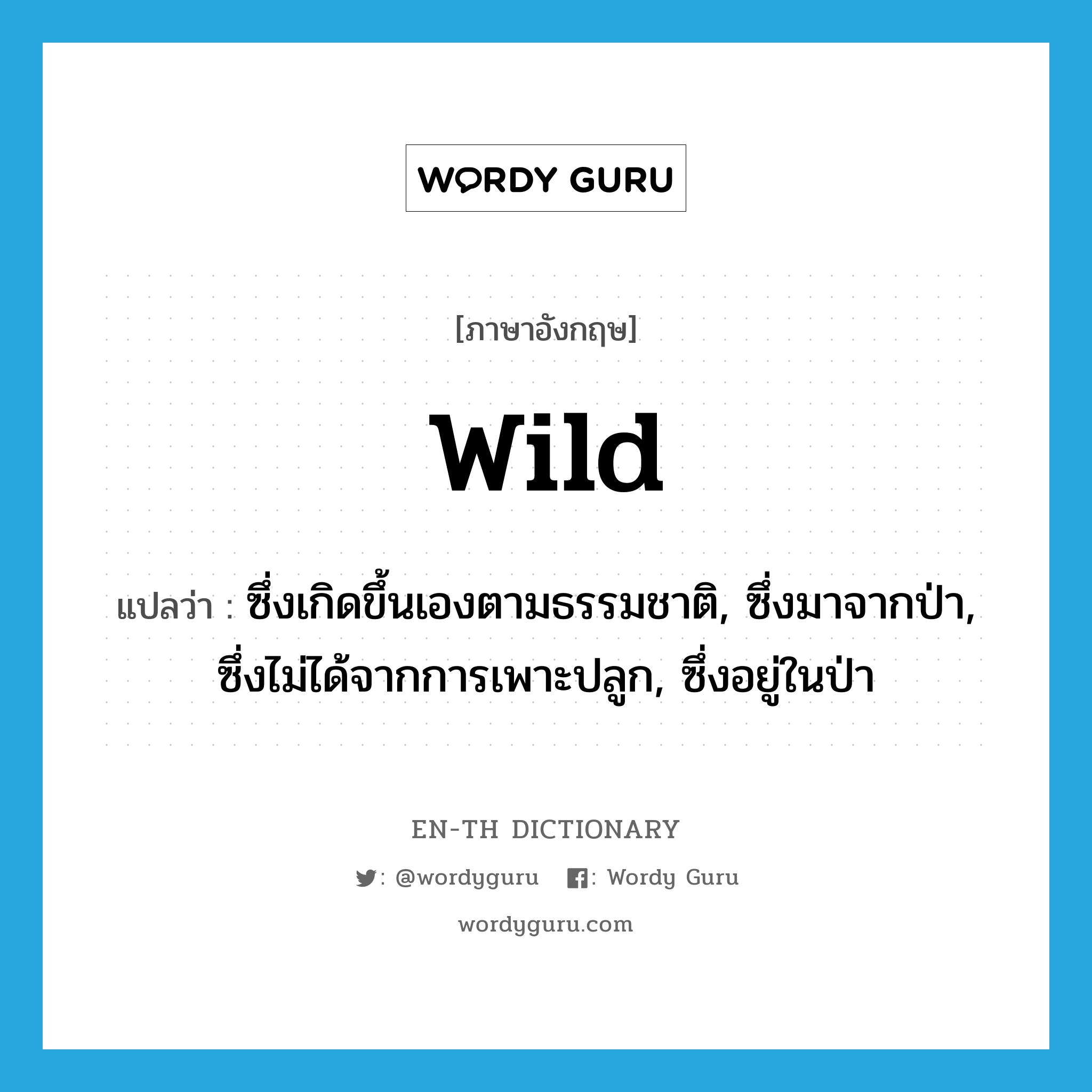 wild แปลว่า?, คำศัพท์ภาษาอังกฤษ wild แปลว่า ซึ่งเกิดขึ้นเองตามธรรมชาติ, ซึ่งมาจากป่า, ซึ่งไม่ได้จากการเพาะปลูก, ซึ่งอยู่ในป่า ประเภท ADJ หมวด ADJ