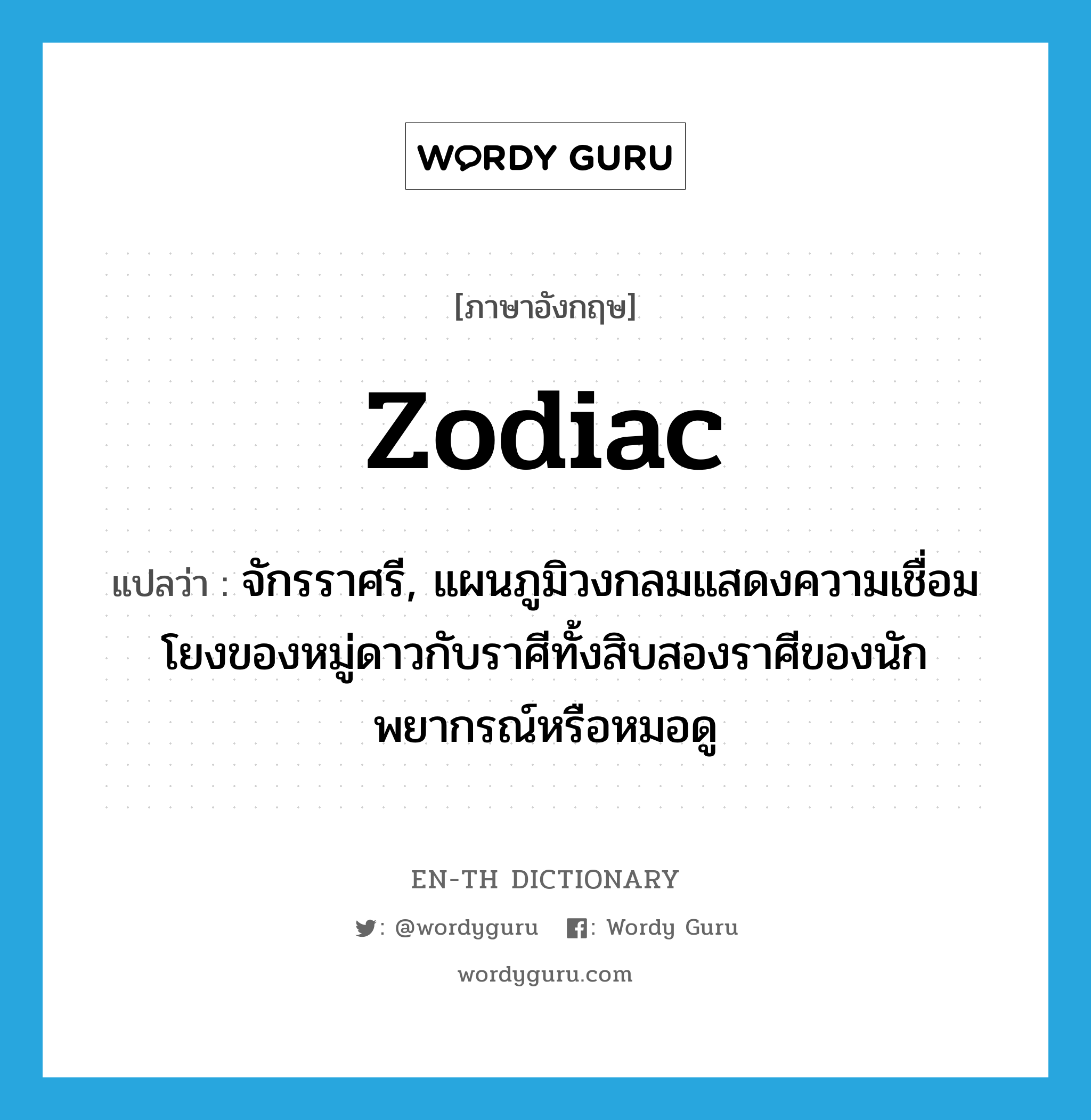 zodiac แปลว่า?, คำศัพท์ภาษาอังกฤษ zodiac แปลว่า จักรราศรี, แผนภูมิวงกลมแสดงความเชื่อมโยงของหมู่ดาวกับราศีทั้งสิบสองราศีของนักพยากรณ์หรือหมอดู ประเภท N หมวด N