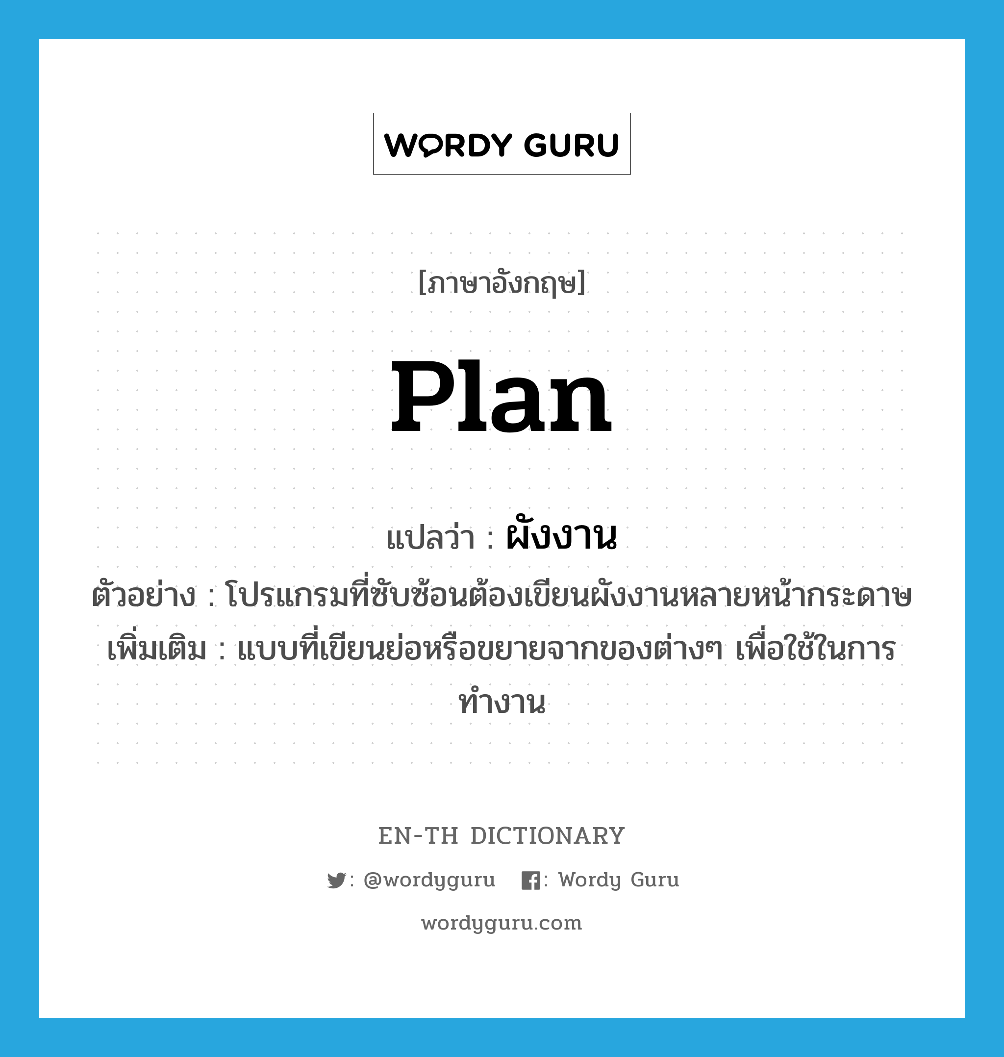 plan แปลว่า?, คำศัพท์ภาษาอังกฤษ plan แปลว่า ผังงาน ประเภท N ตัวอย่าง โปรแกรมที่ซับซ้อนต้องเขียนผังงานหลายหน้ากระดาษ เพิ่มเติม แบบที่เขียนย่อหรือขยายจากของต่างๆ เพื่อใช้ในการทำงาน หมวด N