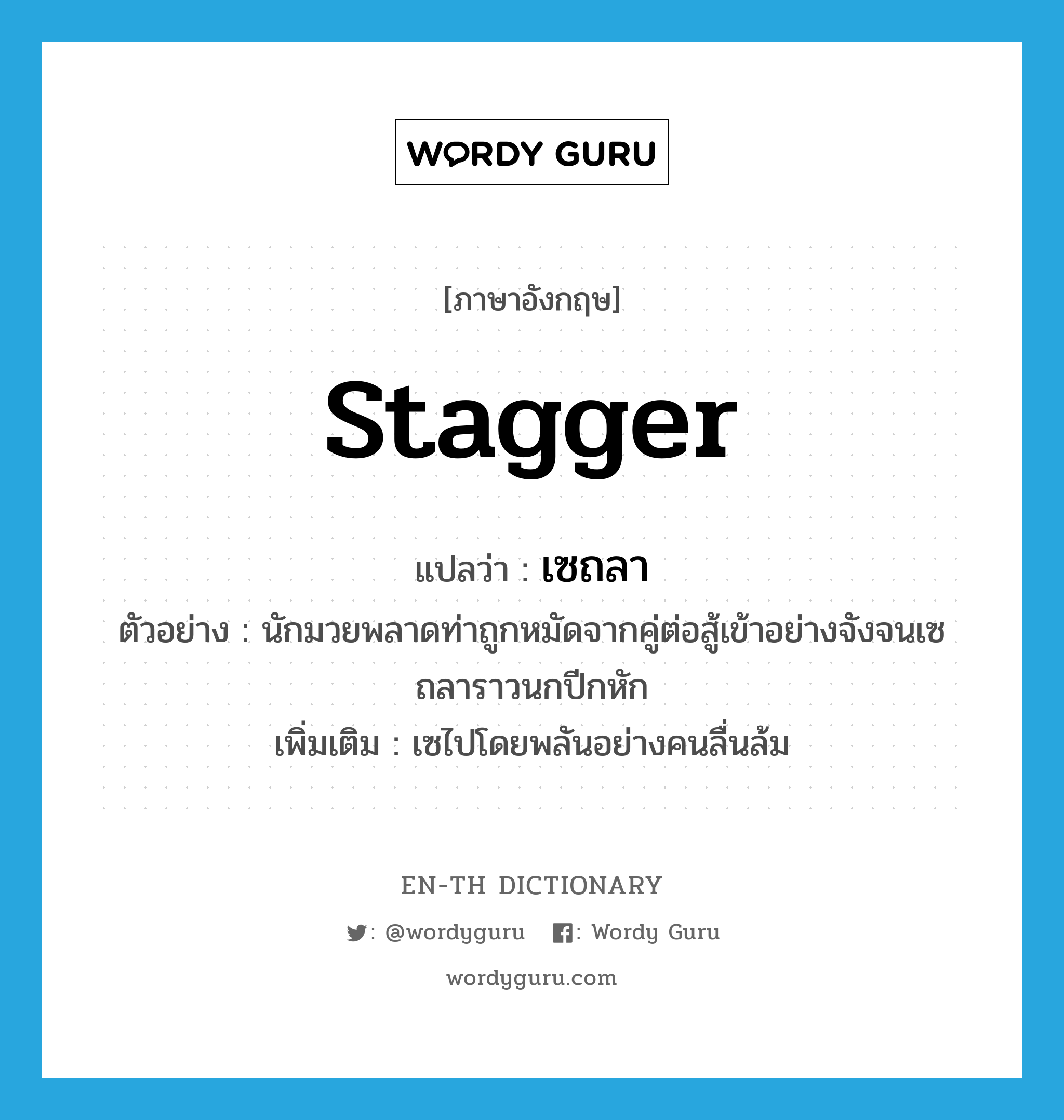 stagger แปลว่า?, คำศัพท์ภาษาอังกฤษ stagger แปลว่า เซถลา ประเภท V ตัวอย่าง นักมวยพลาดท่าถูกหมัดจากคู่ต่อสู้เข้าอย่างจังจนเซถลาราวนกปีกหัก เพิ่มเติม เซไปโดยพลันอย่างคนลื่นล้ม หมวด V