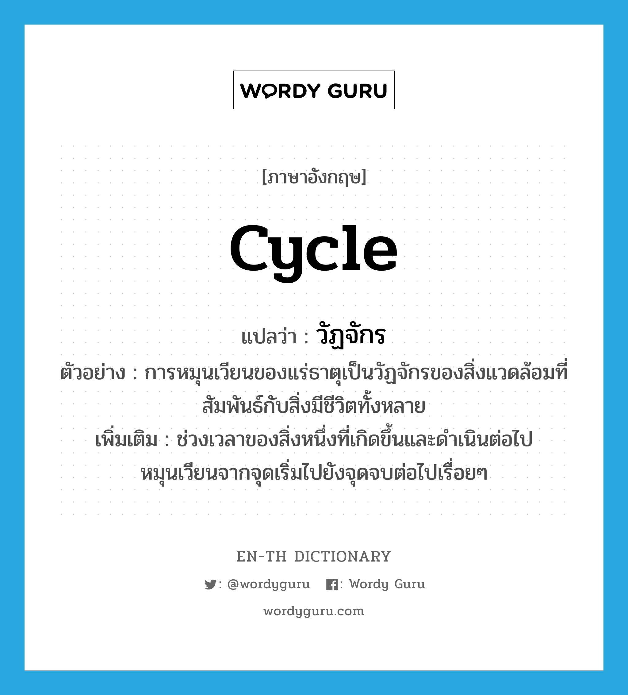 cycle แปลว่า?, คำศัพท์ภาษาอังกฤษ cycle แปลว่า วัฏจักร ประเภท N ตัวอย่าง การหมุนเวียนของแร่ธาตุเป็นวัฏจักรของสิ่งแวดล้อมที่สัมพันธ์กับสิ่งมีชีวิตทั้งหลาย เพิ่มเติม ช่วงเวลาของสิ่งหนึ่งที่เกิดขึ้นและดำเนินต่อไป หมุนเวียนจากจุดเริ่มไปยังจุดจบต่อไปเรื่อยๆ หมวด N