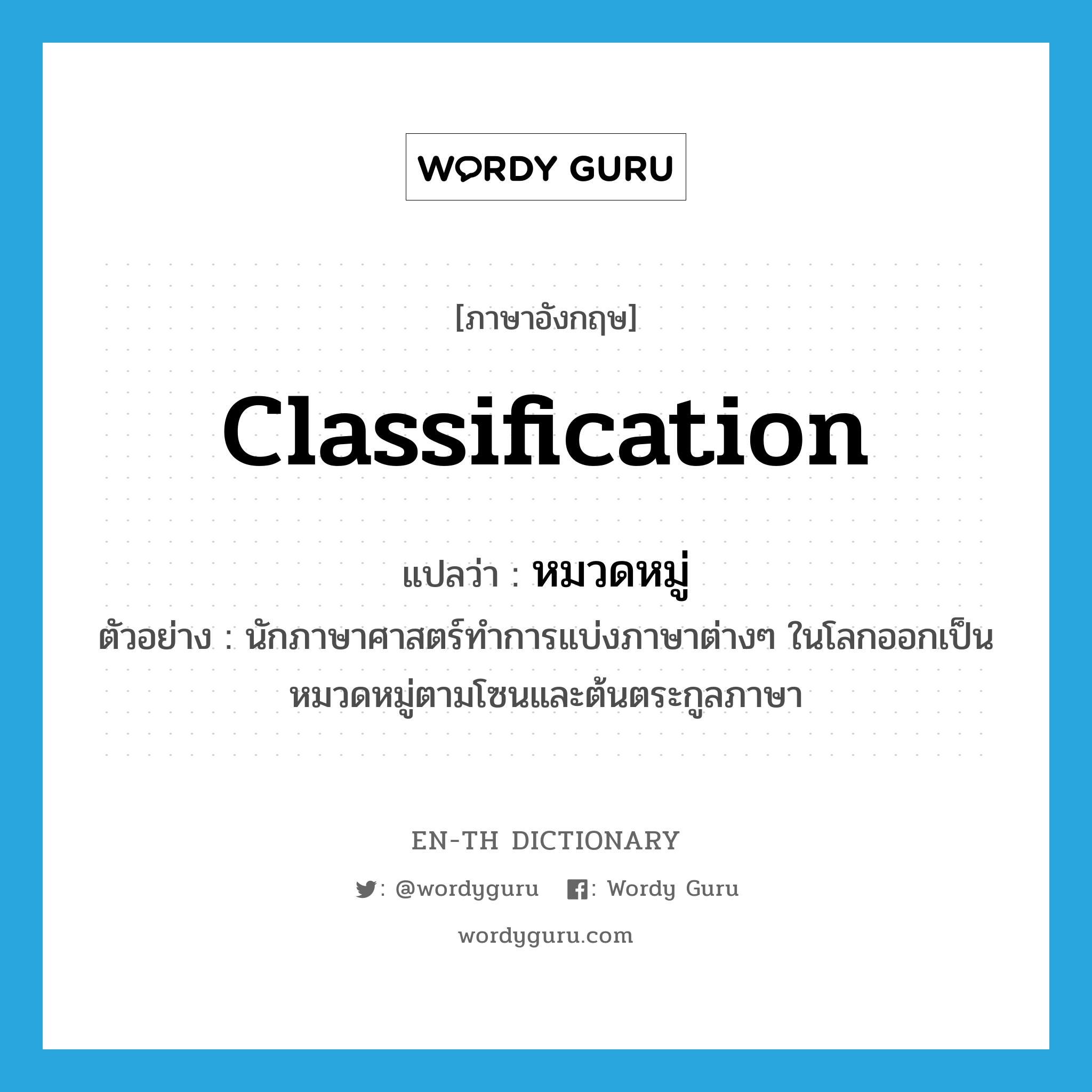 classification แปลว่า?, คำศัพท์ภาษาอังกฤษ classification แปลว่า หมวดหมู่ ประเภท N ตัวอย่าง นักภาษาศาสตร์ทำการแบ่งภาษาต่างๆ ในโลกออกเป็นหมวดหมู่ตามโซนและต้นตระกูลภาษา หมวด N