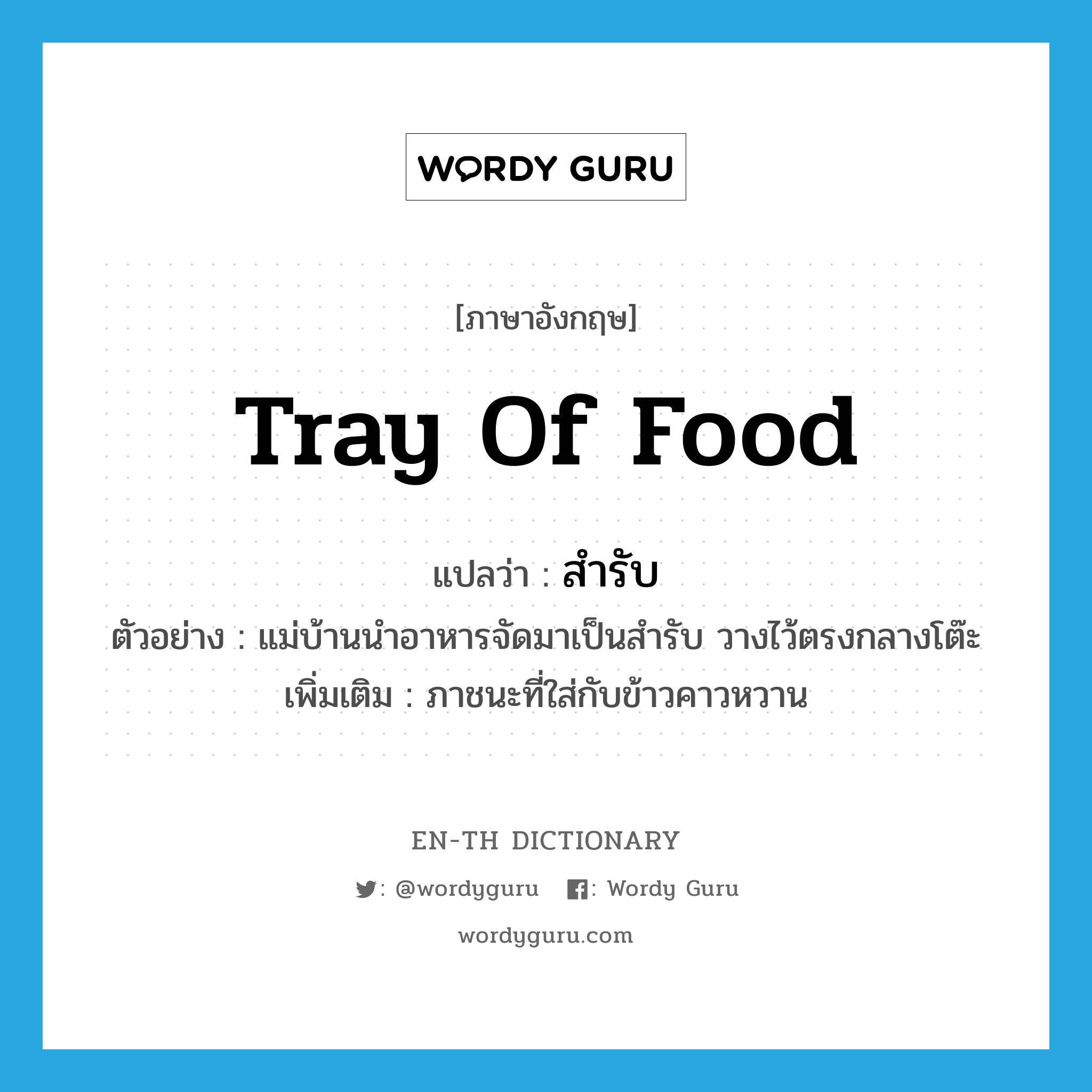 tray of food แปลว่า?, คำศัพท์ภาษาอังกฤษ tray of food แปลว่า สำรับ ประเภท N ตัวอย่าง แม่บ้านนำอาหารจัดมาเป็นสำรับ วางไว้ตรงกลางโต๊ะ เพิ่มเติม ภาชนะที่ใส่กับข้าวคาวหวาน หมวด N