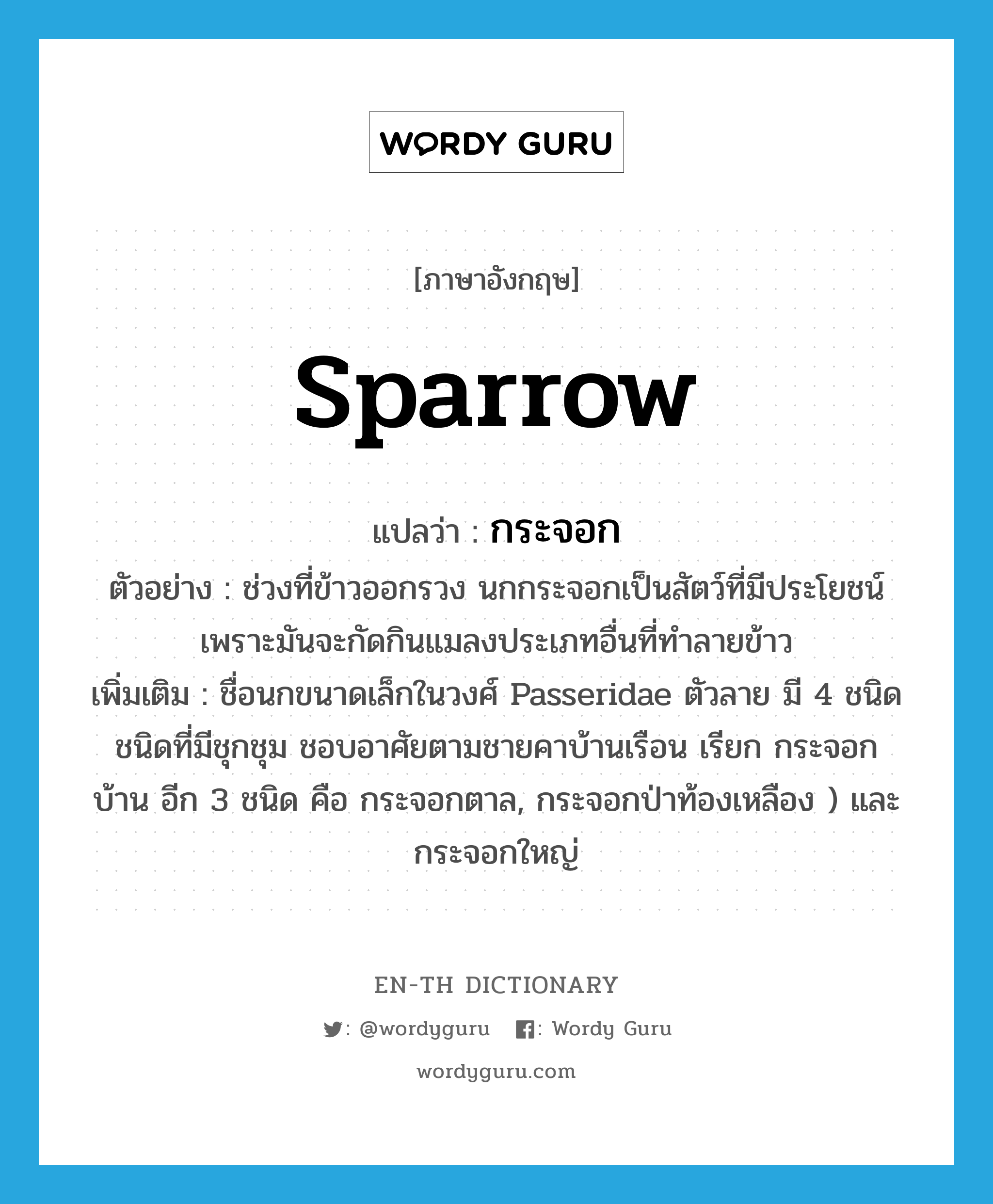 sparrow แปลว่า?, คำศัพท์ภาษาอังกฤษ sparrow แปลว่า กระจอก ประเภท N ตัวอย่าง ช่วงที่ข้าวออกรวง นกกระจอกเป็นสัตว์ที่มีประโยชน์ เพราะมันจะกัดกินแมลงประเภทอื่นที่ทำลายข้าว เพิ่มเติม ชื่อนกขนาดเล็กในวงศ์ Passeridae ตัวลาย มี 4 ชนิด ชนิดที่มีชุกชุม ชอบอาศัยตามชายคาบ้านเรือน เรียก กระจอกบ้าน อีก 3 ชนิด คือ กระจอกตาล, กระจอกป่าท้องเหลือง ) และกระจอกใหญ่ หมวด N